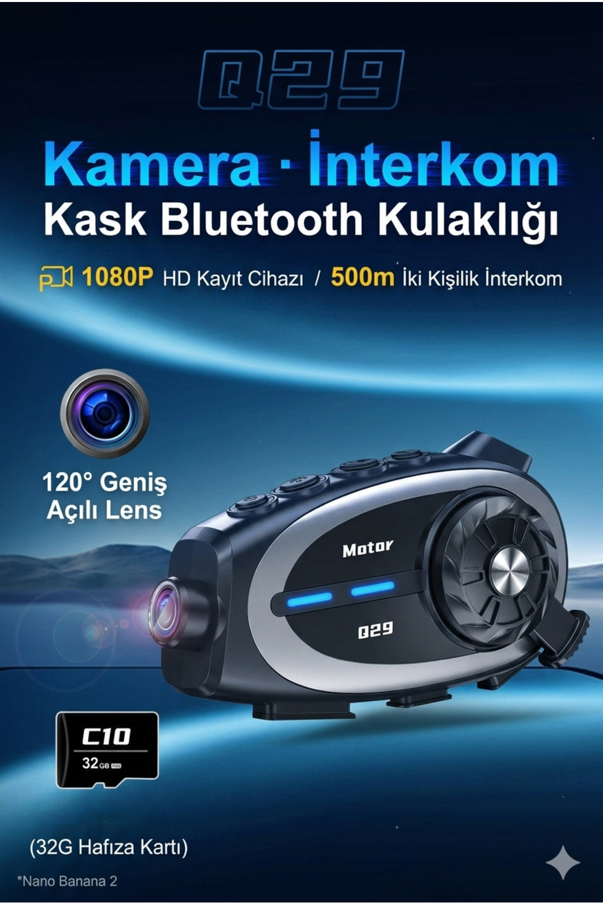 Motosiklet Kask İnterkom 1080P Full HD Kask Kamerası - Bluetooth 5.0 - 1000M Menzil - Su Geçirmez