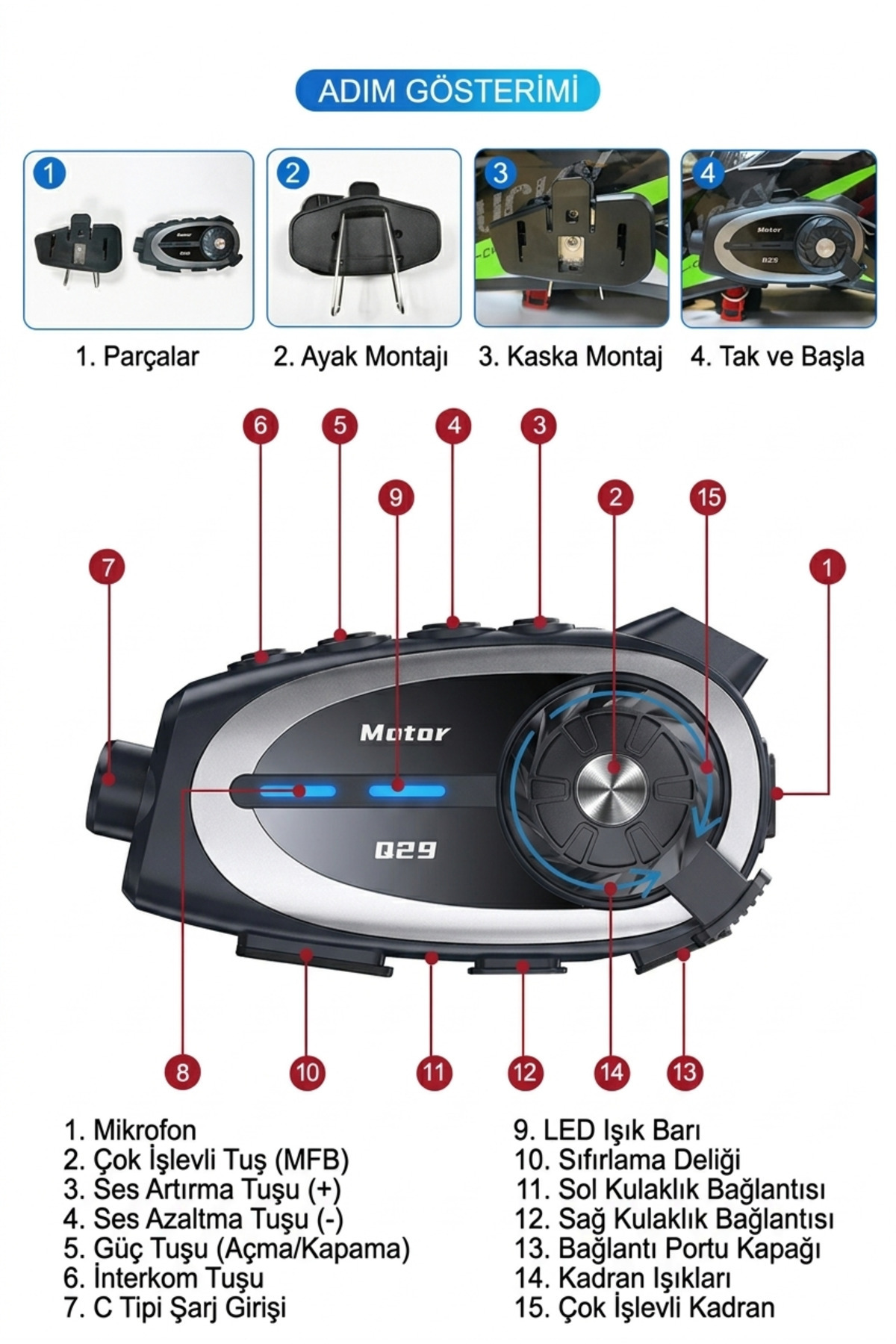 Motosiklet Kask İnterkom 1080P Full HD Kask Kamerası - Bluetooth 5.0 - 1000M Menzil - Su Geçirmez