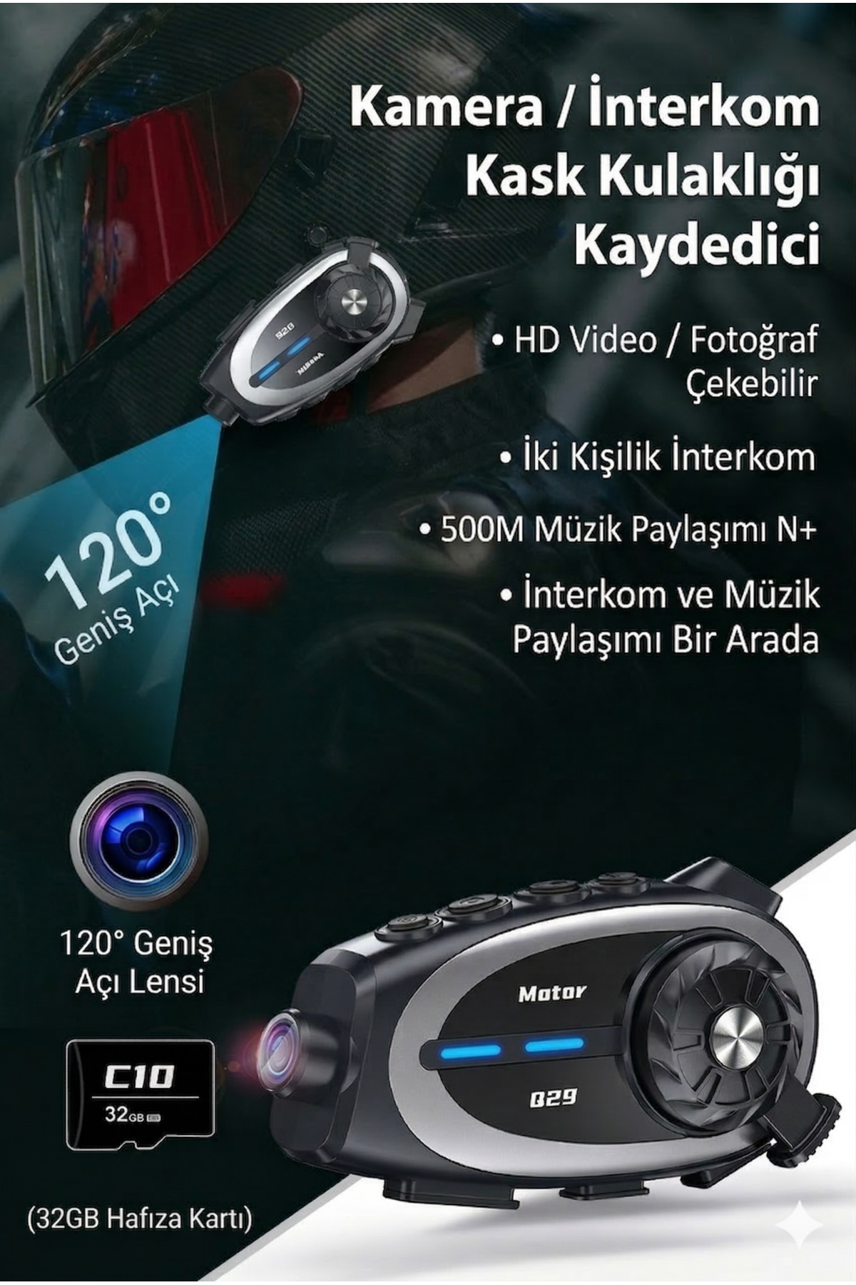 Motosiklet Kask İnterkom 1080P Full HD Kask Kamerası - Bluetooth 5.0 - 1000M Menzil - Su Geçirmez