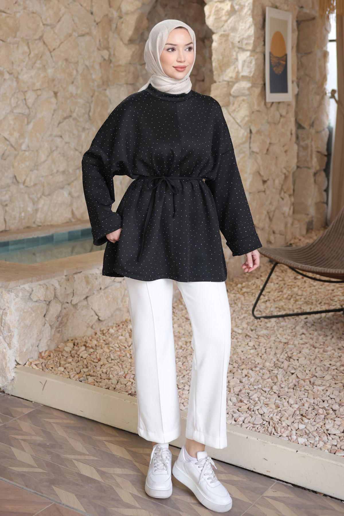 İmajButik Siyah Taş Detaylı Yırtmaçlı Oversize Tunik görsel 3