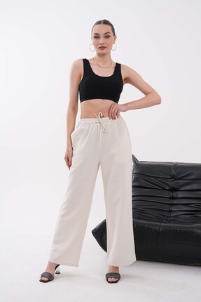 Niora Moda Bej Keten Bol Kesim Pantolon