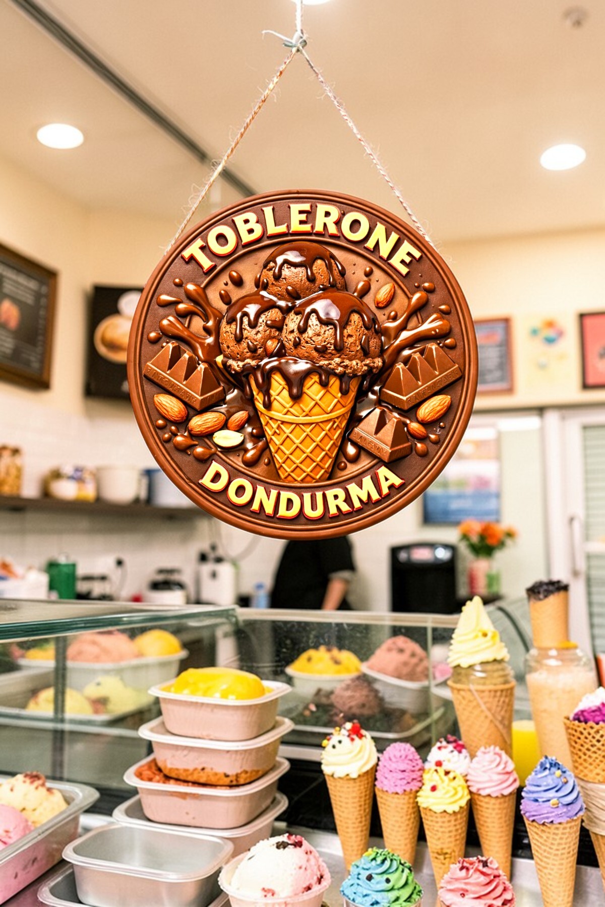 Ice Cream Visual Drawstring Wooden Door and Wall Decoration - Cafe, Ice Cream Shop Sign, Dessert Shop Decor
