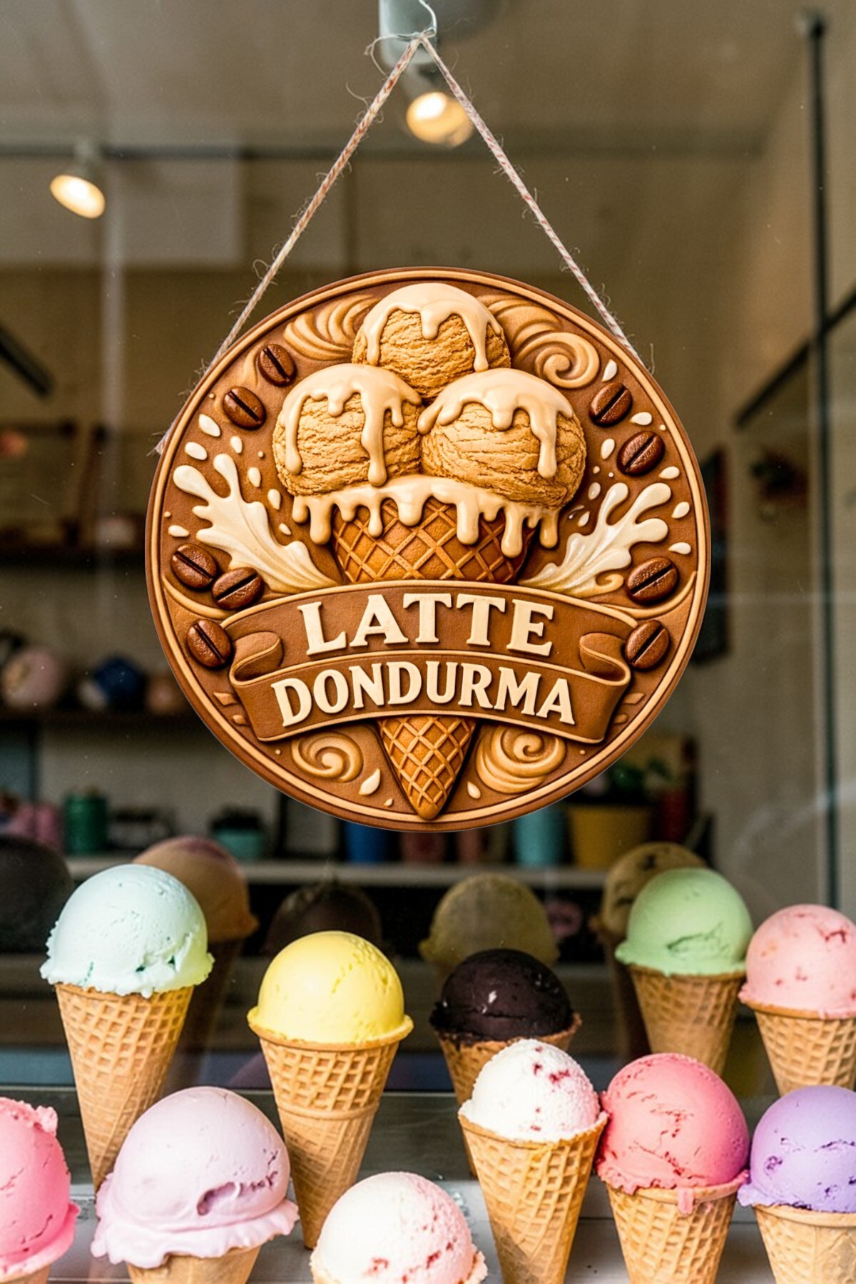 Latte Ice Cream Visual Wooden Drawstring Door Wall Ornament Coffee Corner and Cafe Decor