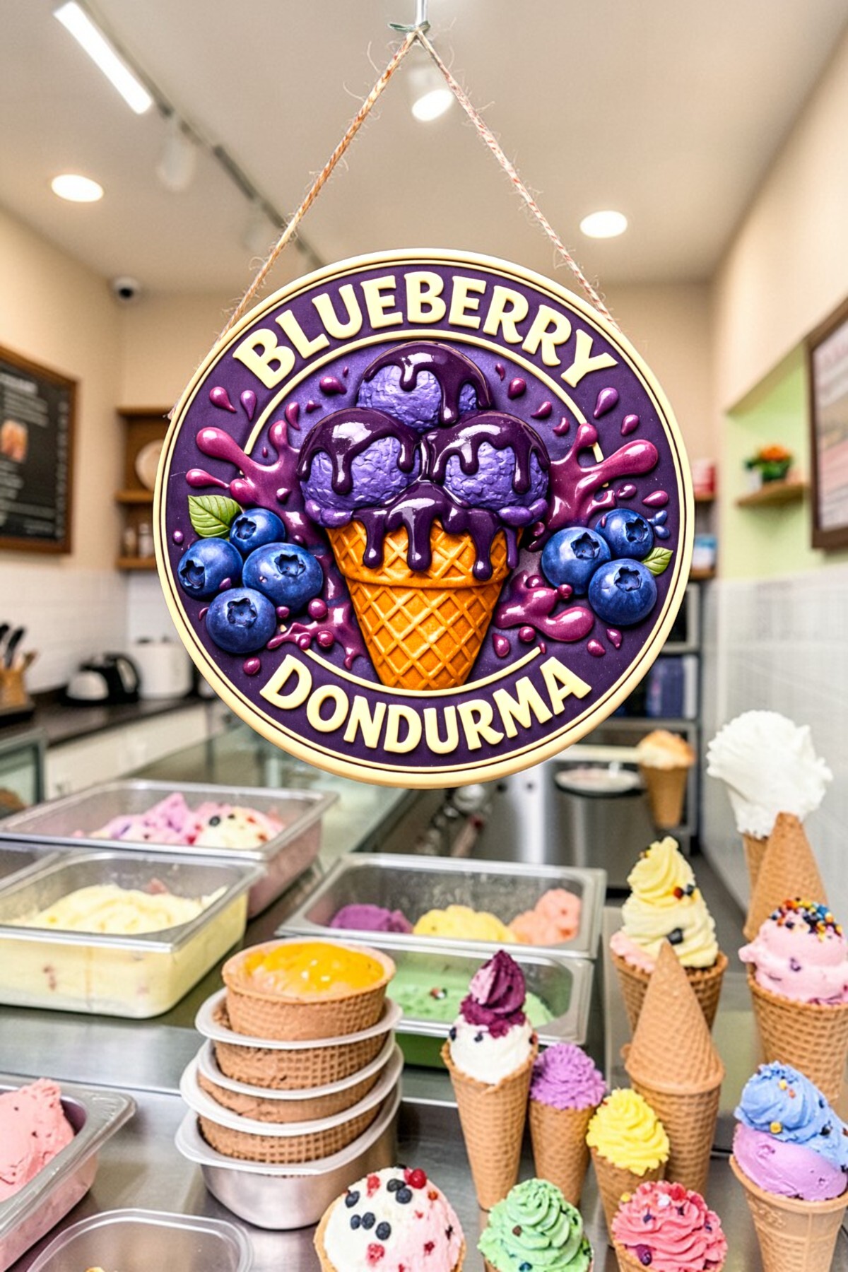 Blueberry Ice Cream Visual Wooden Drawstring Door Wall Ornament Colorful Cafe Wall Board