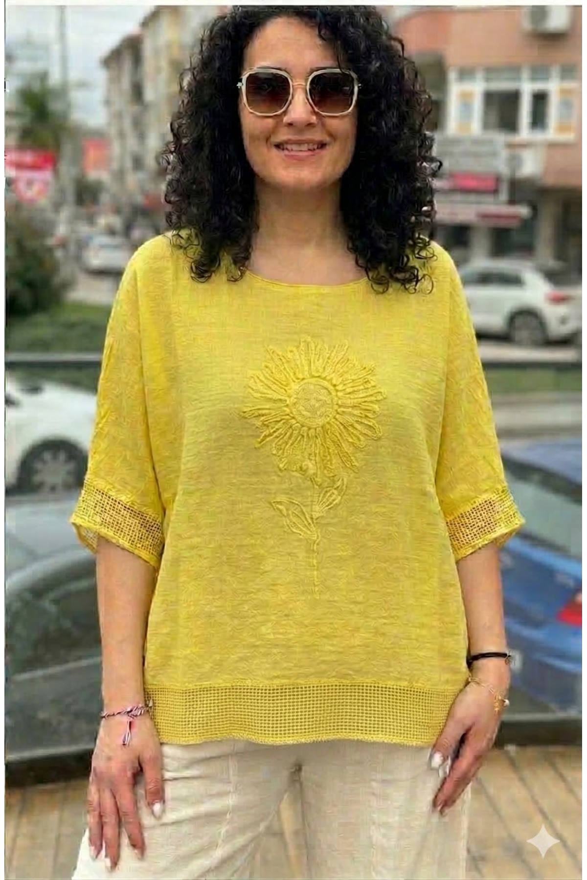 AYASOFYA OTANTIK Women's Yellow Round Collar Sunflower Embroidered Short Sleeve Oversized Loose Linen Blouse
