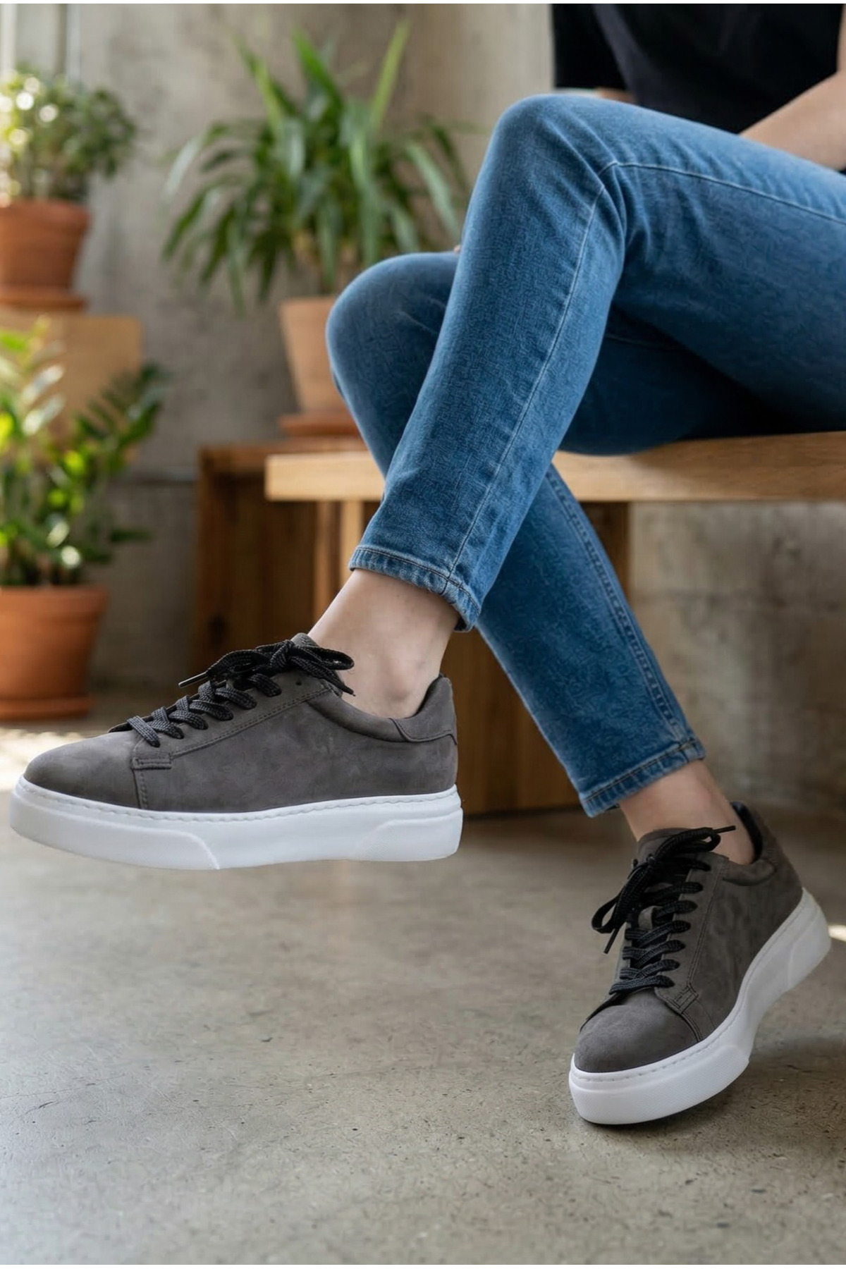 FAYMAZ Erkek Gri Süet Dokulu Beyaz Kalın Tabanlı Garantili Bağcıklı Günlük Sneaker Spor Ayakkabı