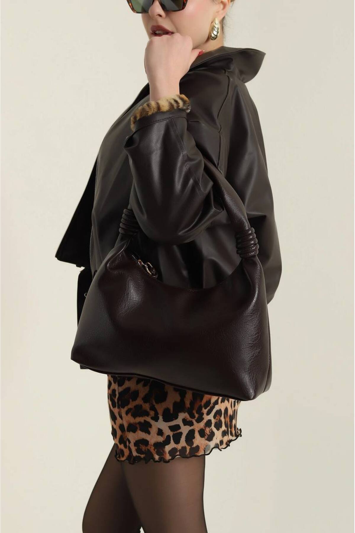 Dark Brown BURBİE Women's Handbag and Shoulder Bag with Knot Detail görünüm 3