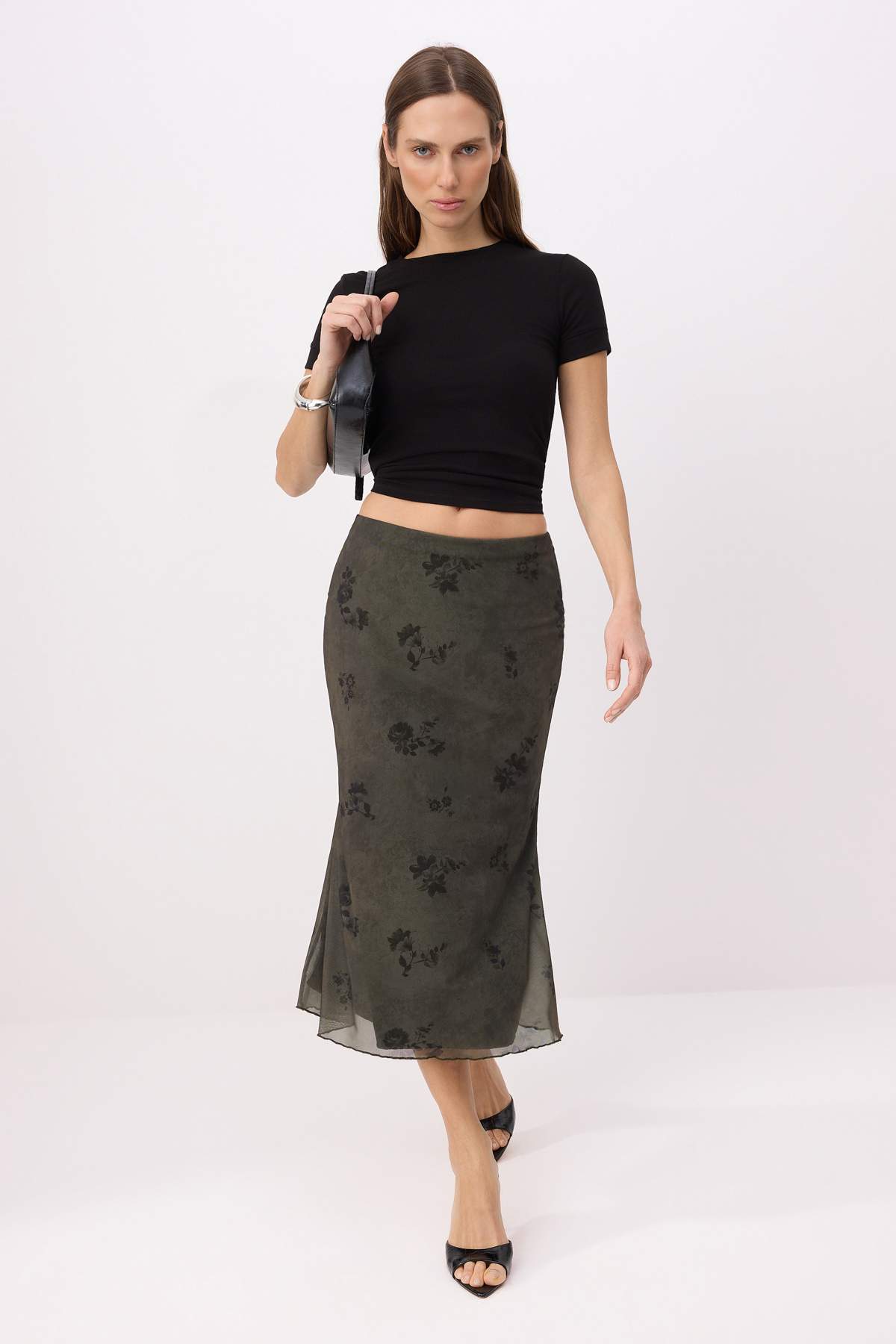 Trendyolmilla  Haki Çiçek Baskılı Bodycon Tül Esnek Örme Etek TWOAW26ET00036