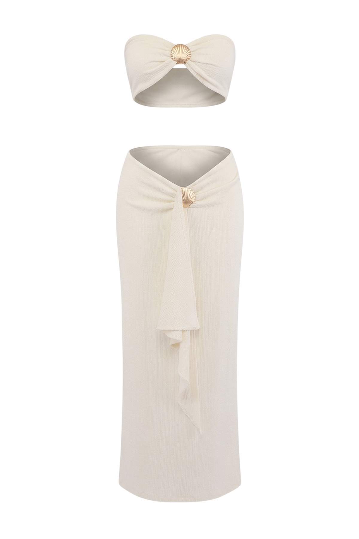 Trendyolmilla  Ekru Örme Straplez Maxi Döküm Aksesuarlı Bürümcük Plaj Bluz Etek Takım TBESS26AU00015