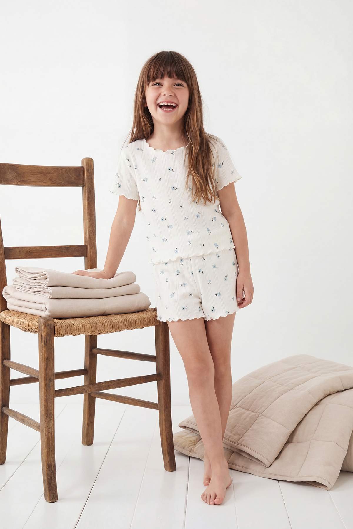 Trendyolmilla Kids Ekru Fırfırlı Kız Çocuk Örme Pointel Pijama Takımı TKDSS26PT00004