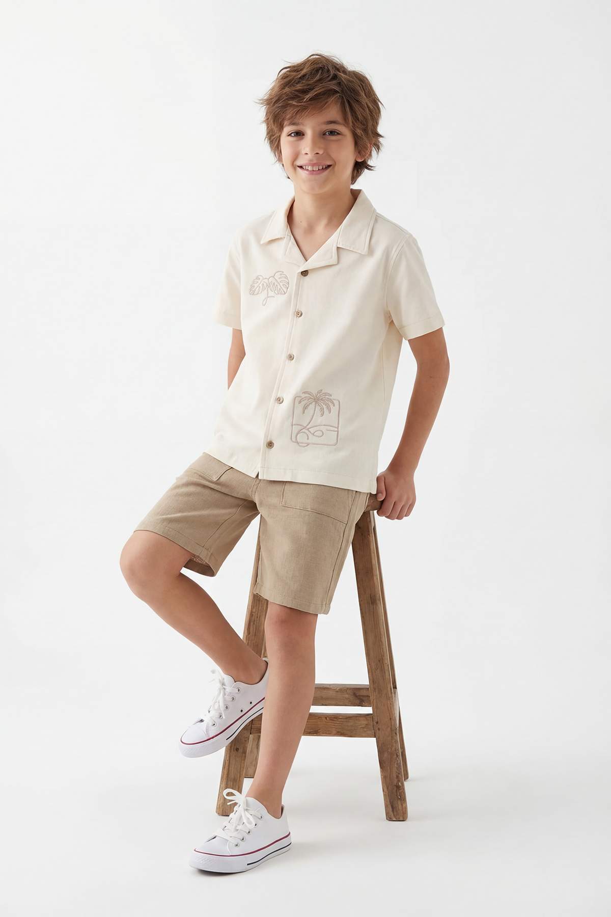 TRENDYOLKIDS Beige Male Child Cotton Palm Embroidered Short Sleeve Knitted Bo...