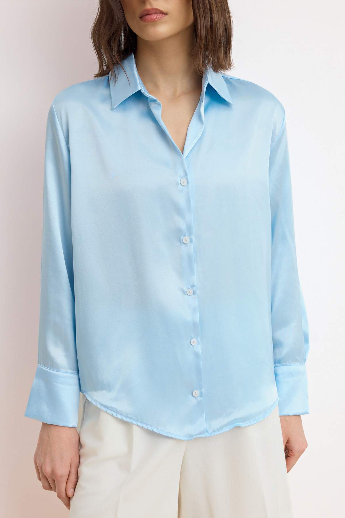 Trendyolmilla  Mavi Oversize/Geniş Kalıp Saten Dokuma Gömlek TWOAW24GO00211 - Görsel 3