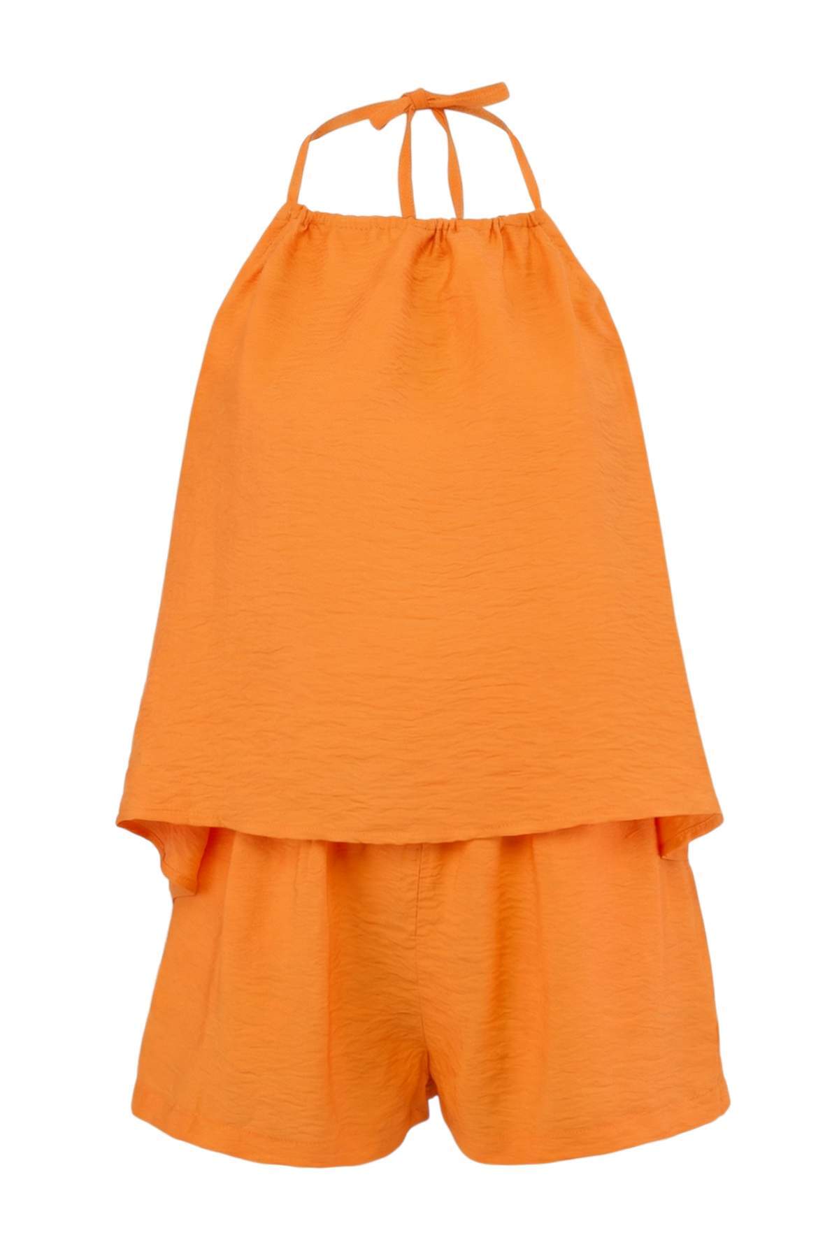 Trendyolmilla  Turuncu Dokuma Mini Bağlama Detaylı Plaj Bluz Şort Takım TBESS26AU00029 - Görsel 4