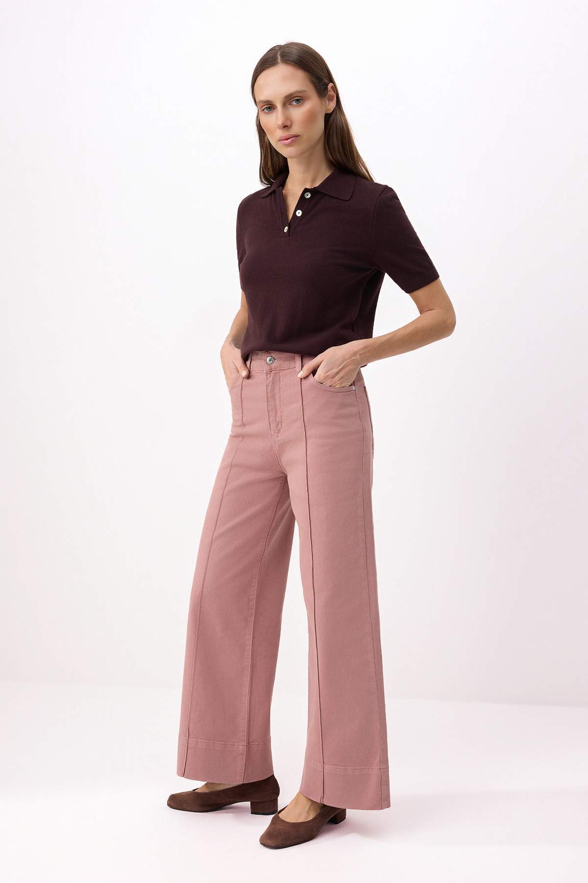 Trendyolmilla  Gül Kurusu Dikiş Detaylı Yüksek Bel Orta Esnek Wide Leg Jeans TWOSS26JE00207 - Görsel 2