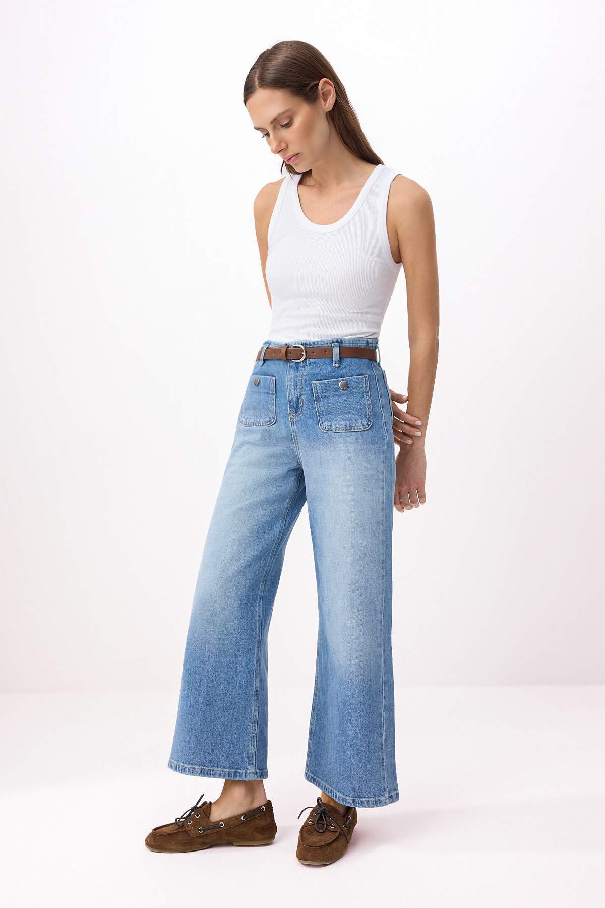 Trendyolmilla  Mavi More Sustainable Kemerli Normal Bel Az Esnek Culotte Bilek Boy Jeans TWOSS26JE00195 - Görsel 2