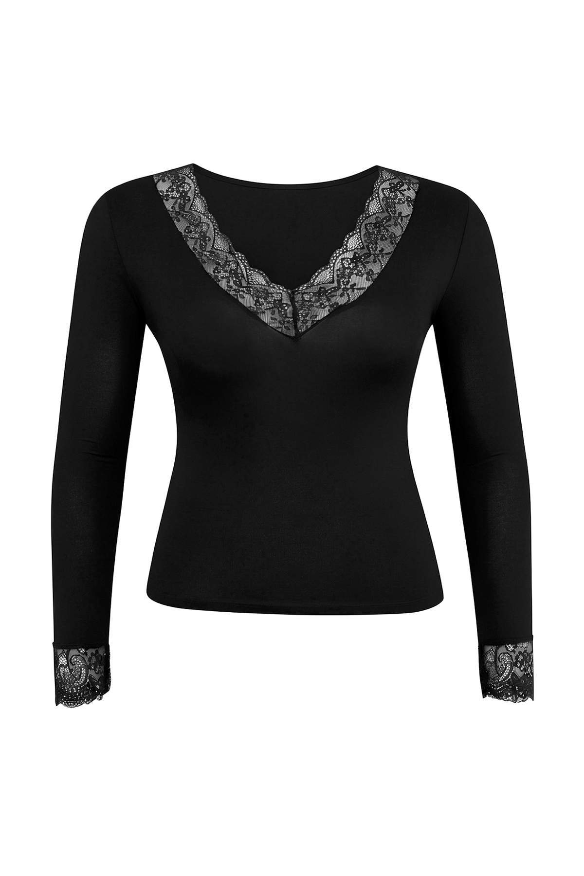 Trendyolmilla Curve Siyah Yakası ve Kol Ucu Dantel Ultra Hafif Transparan Örme Büyük Beden Bluz TBBSS26AF00157