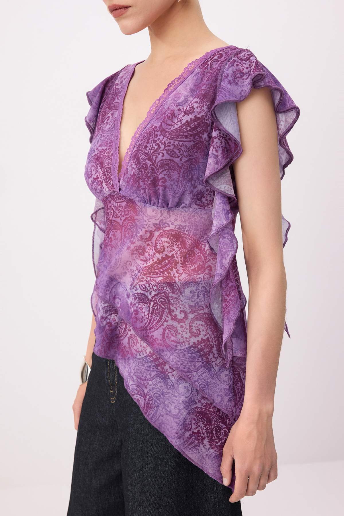 Trendyolmilla  Pembe-Çok Renkli Dantel Garnili Boho Asimetrik Kesim Tül Party Bluz TPRSS26BZ00028 - Görsel 3