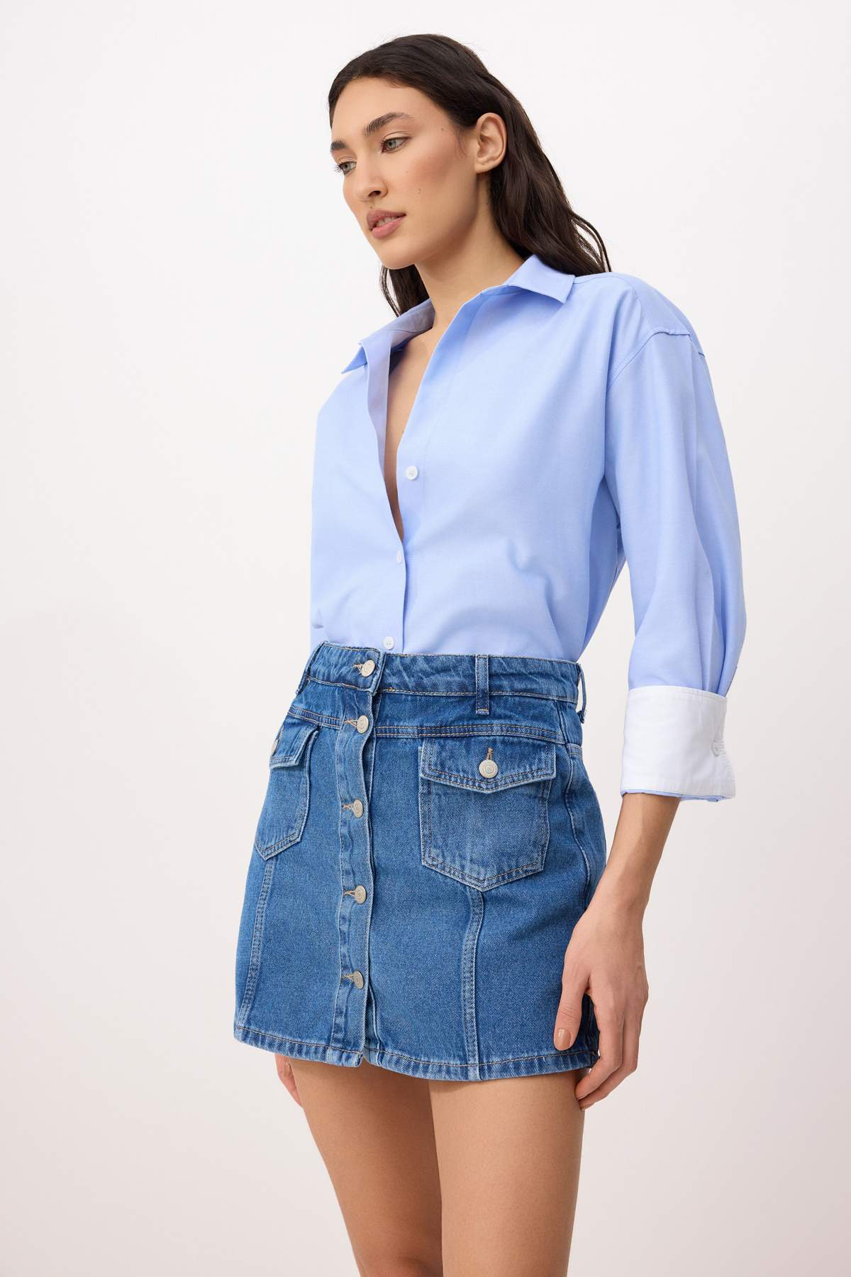 Trendyolmilla  Mavi Düğme Detaylı Denim Şort Etek TWOSS26SR00104