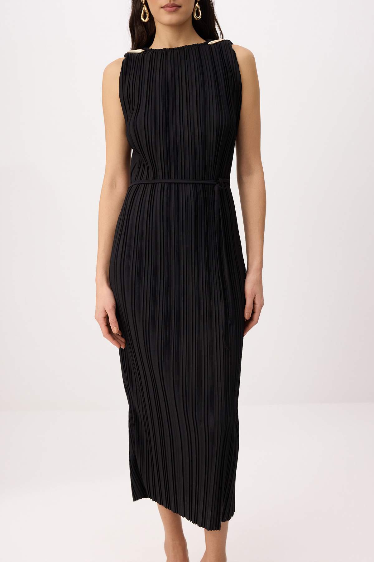 Trendyolmilla  Siyah Düz Shift Bisiklet Yaka Standart Kol Kolsuz Maxi Pilise Örme Elbise TWOSS26EL00502 - Görsel 3