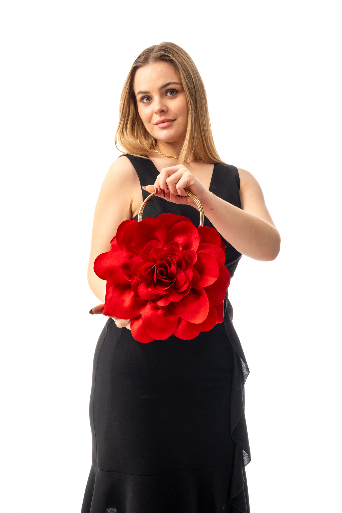 LİNA | Rose Flower Design Evening Dress Hand and Shoulder Bag with Gold Metal Handle