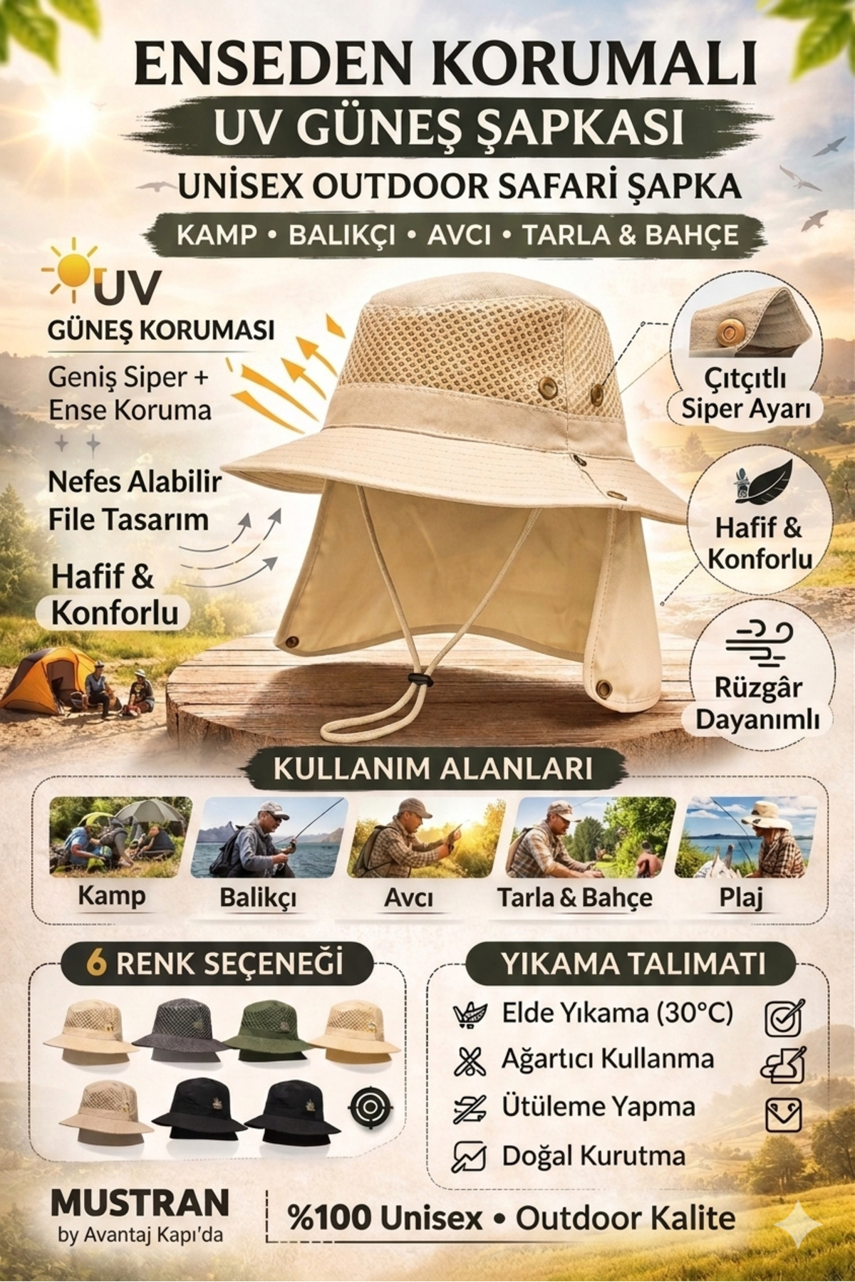 Mustran  Yazlık Güneş Şapkası UV Korumalı Fileli Safari Outdoor Balıkçı Şapkası Ense Korumalı Unisex – Gri - Görsel 6