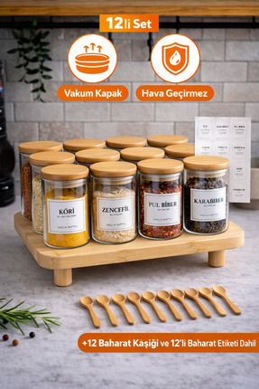 Durina Living Standlı 12'li Etiketli 250 ml Bambu Vakum Kapaklı Borosilikat C...