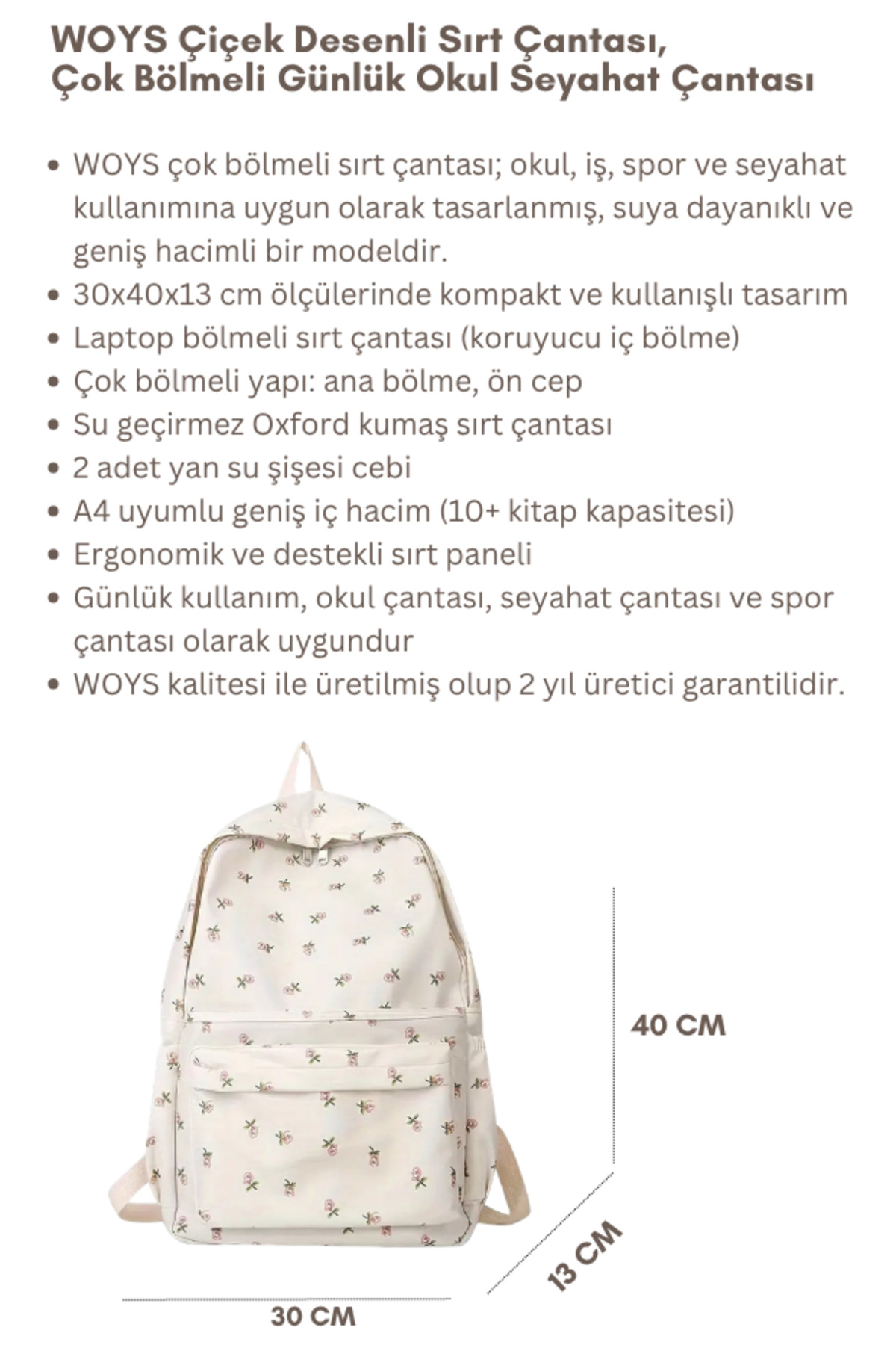 woys  4 Bölmeli Geniş Ebatlı Çiçek Desenli Kadın Sırt Çantası - Günlük Kullanım Kadın Sırt Çantası - Görsel 2