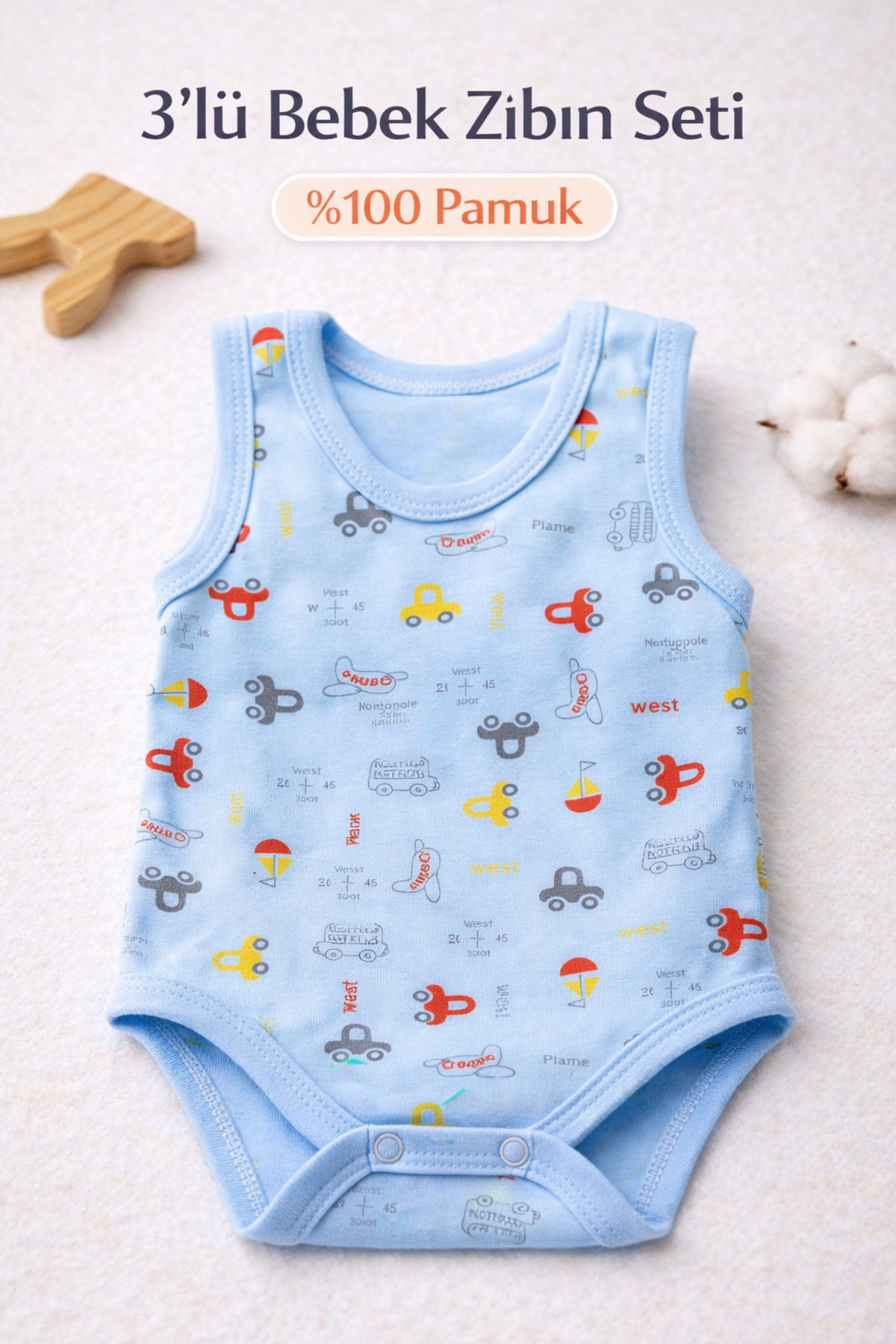 Vivolas Bebek Çıtçıtlı Body Desenli %100 Organik Pamuklu 3'Lü Askılı Zıbın Erkek Bebek & Çocuk 0-4 Yaş fotoğrafı 5 (önizleme)