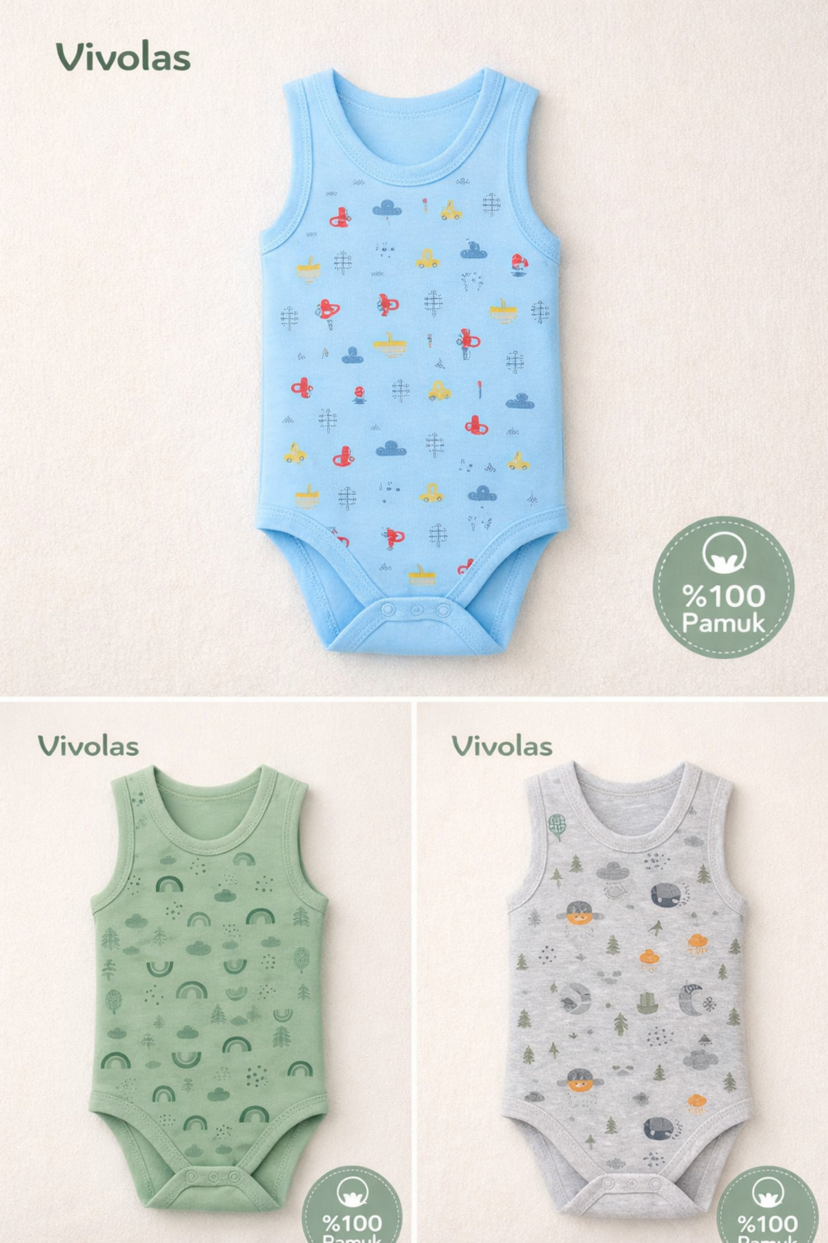 Vivolas Bebek Çıtçıtlı Body Desenli %100 Organik Pamuklu 3'Lü Askılı Zıbın Erkek Bebek & Çocuk 0-4 Yaş fotoğrafı 7 (önizleme)