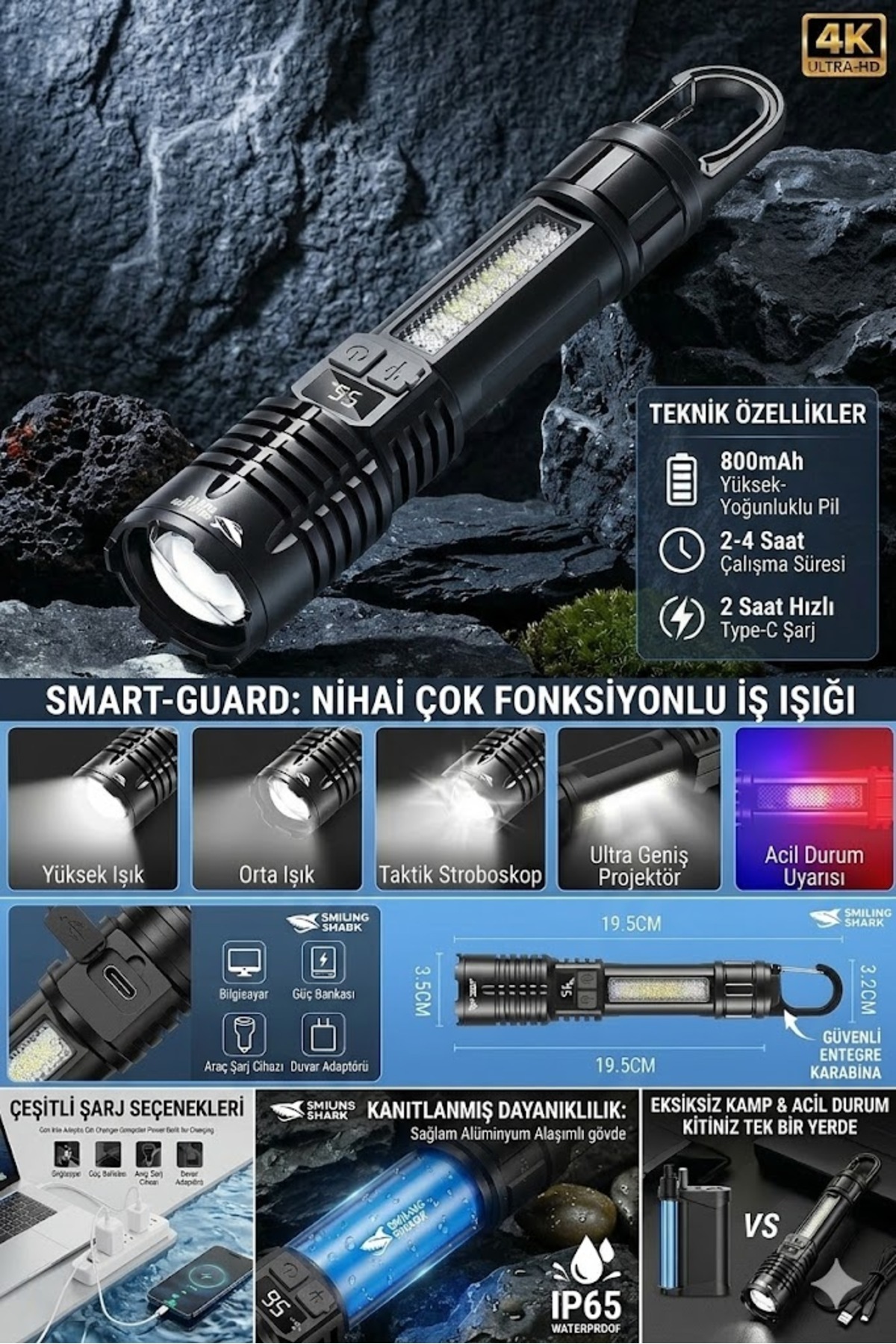 Janva Usb Şarjlı Zoomlu Kancalı Çakarlı Ultra Güçlü El Feneri