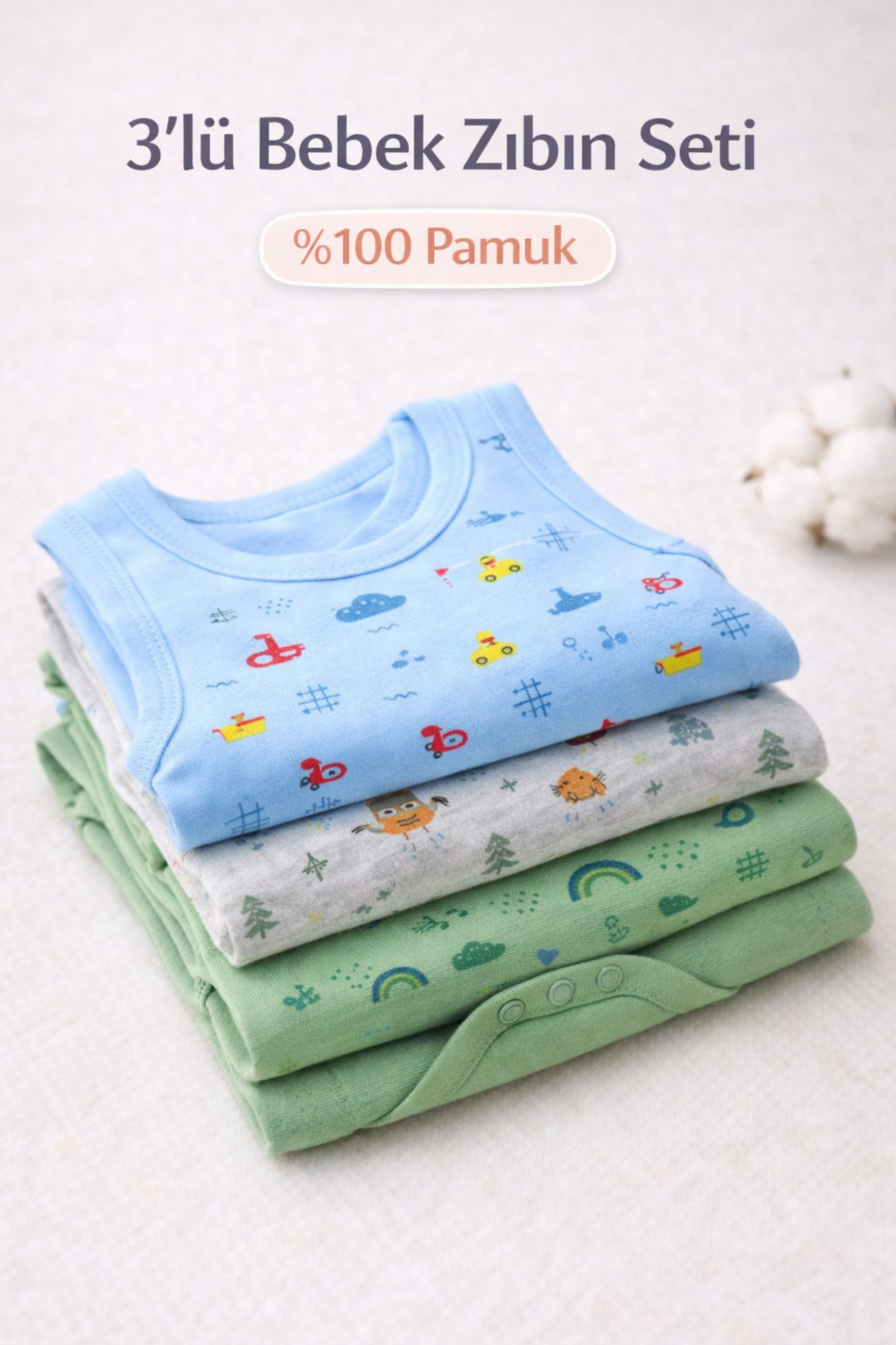 Vivolas Bebek Çıtçıtlı Body Desenli %100 Organik Pamuklu 3'Lü Askılı Zıbın Erkek Bebek & Çocuk 0-4 Yaş fotoğrafı 2 (önizleme)