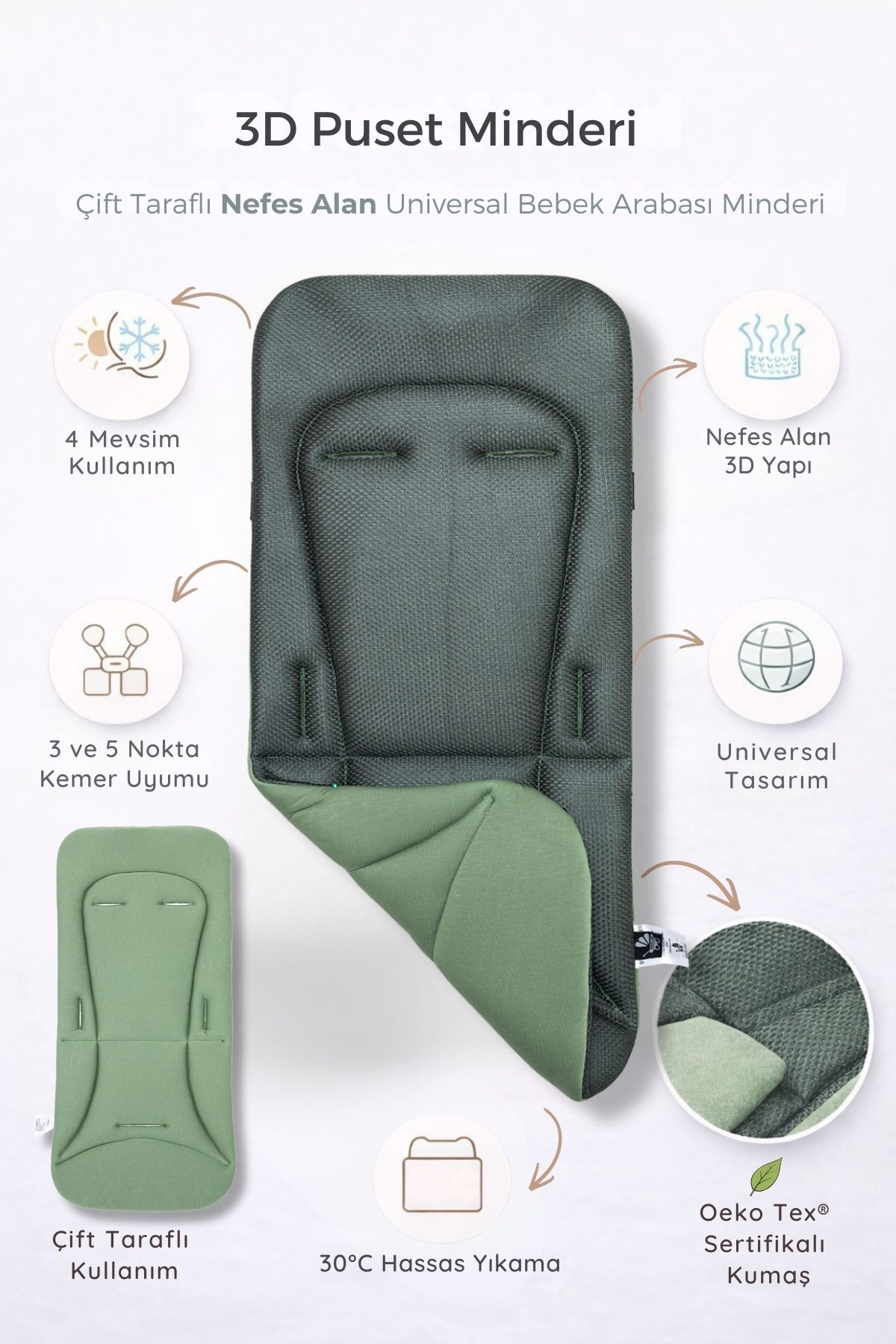 ubeybi 4 Mevsim Puset Minderi 3d - %100 Pamuklu - Haki Renk fotoğrafı 4 (önizleme)