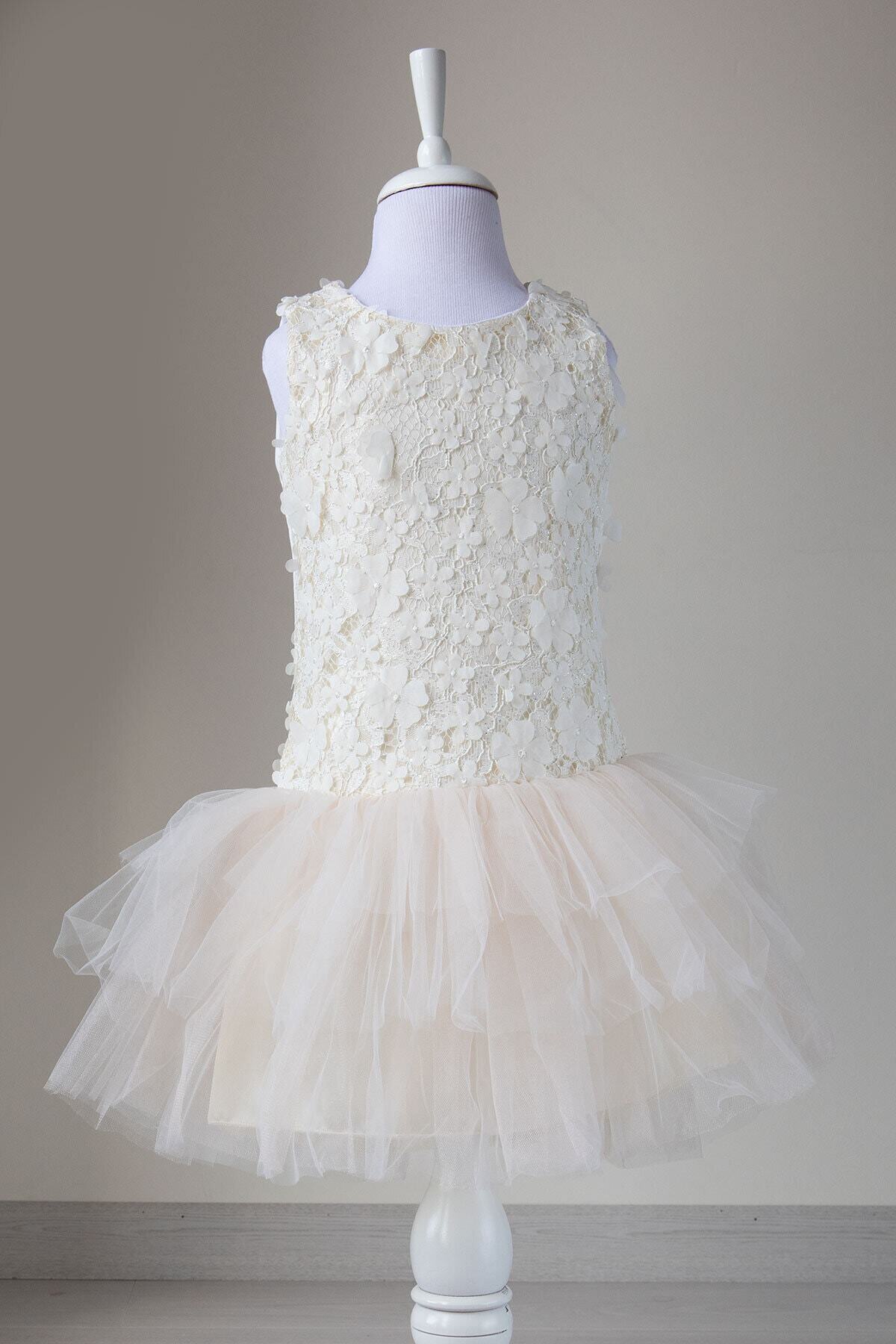 Mika Bebek & Çocuk Kız Çocuk Krem Çiçekli Tüllü Jile Abiye Elbise fotoğrafı 6 (önizleme)