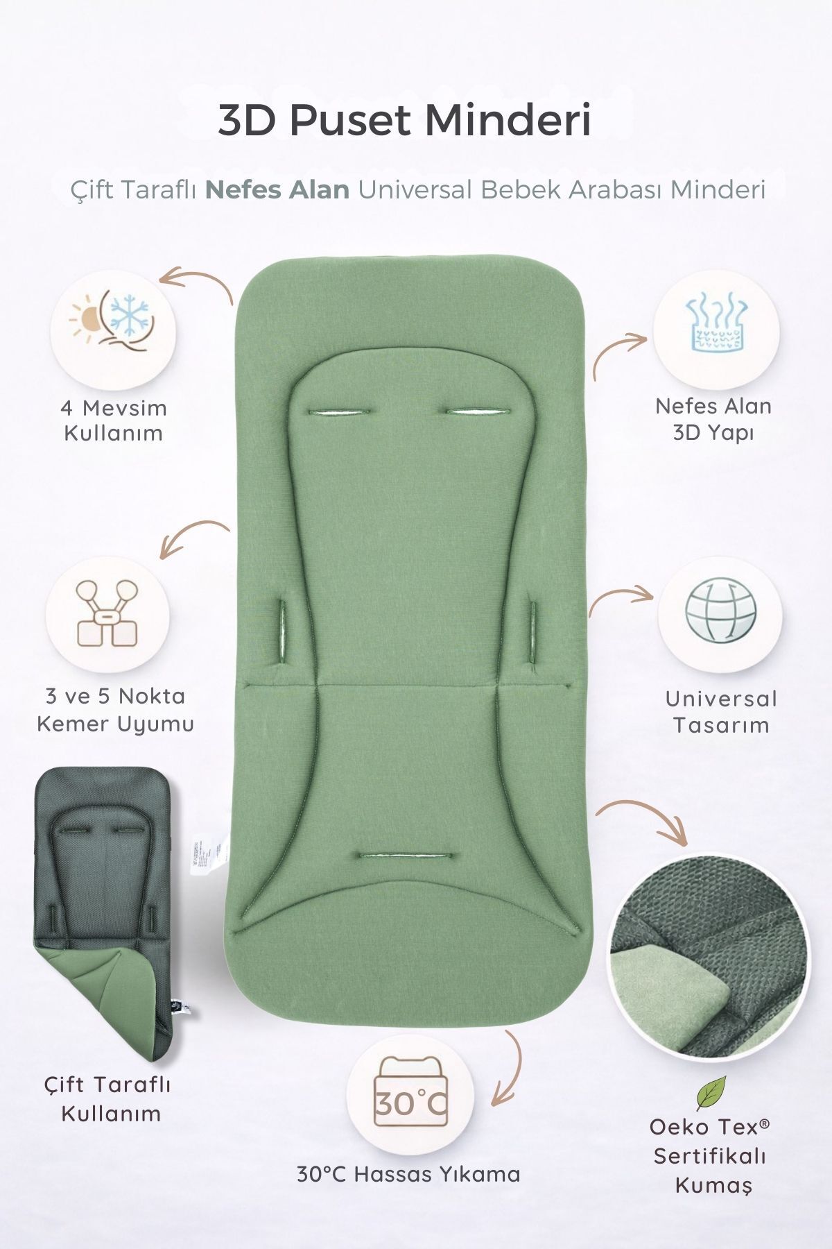 ubeybi 4 Mevsim Puset Minderi 3d - %100 Pamuklu - Haki Renk fotoğrafı 2 (önizleme)