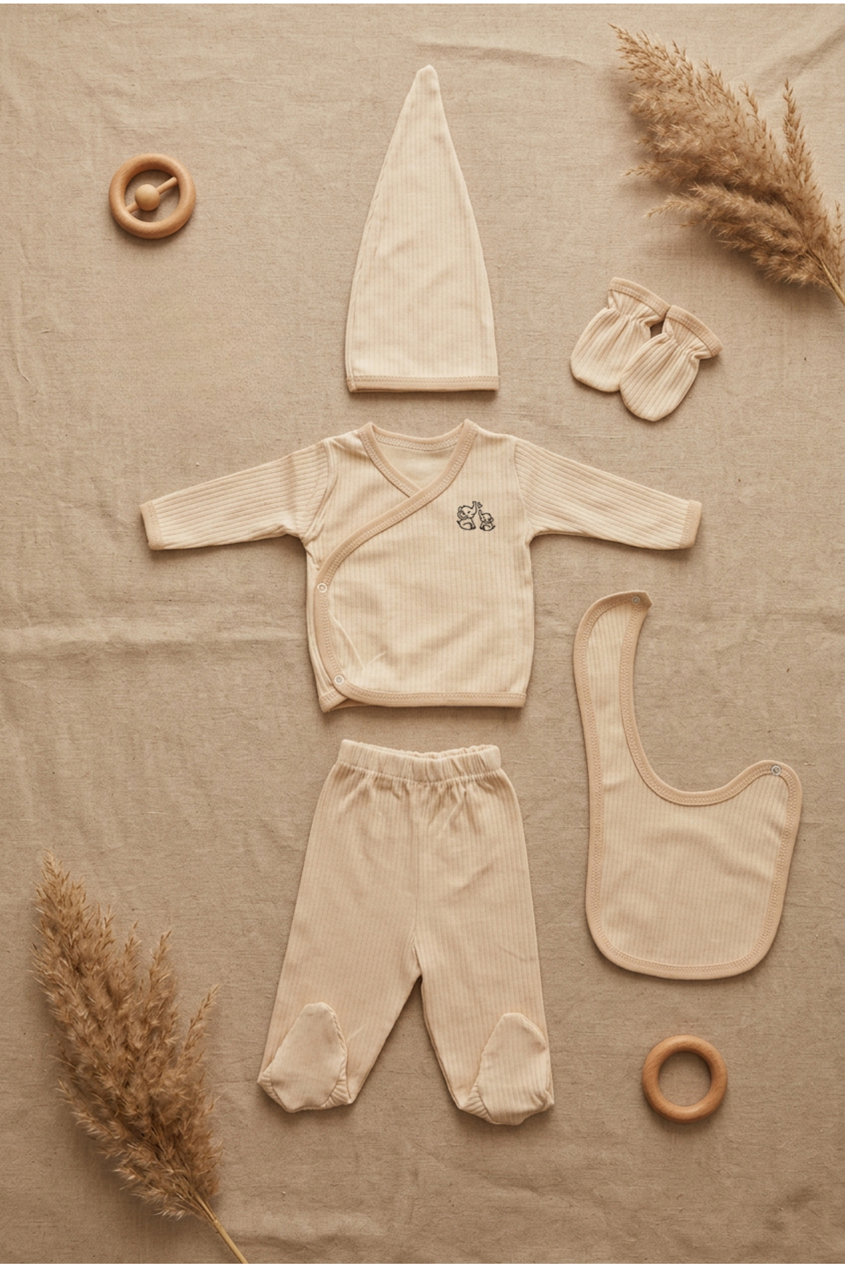 bebeqon 5 Parça Hastane Çıkış Seti Kruvaze Üst Alt Eldiven Şapka Ve Önlük Takımı Organik %100 Pamuk Bej fotoğrafı 3 (önizleme)