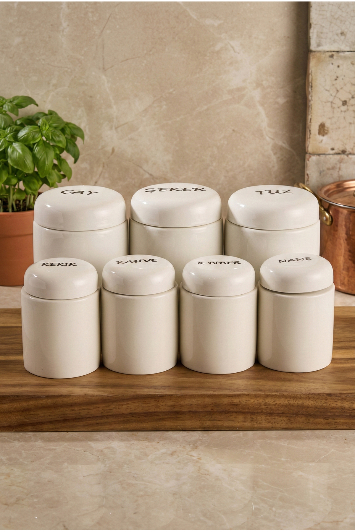 Perotti Heybeli 7-Piece Round Shaped Ergonomic Food and Spice Container Set with Porcelain Lids