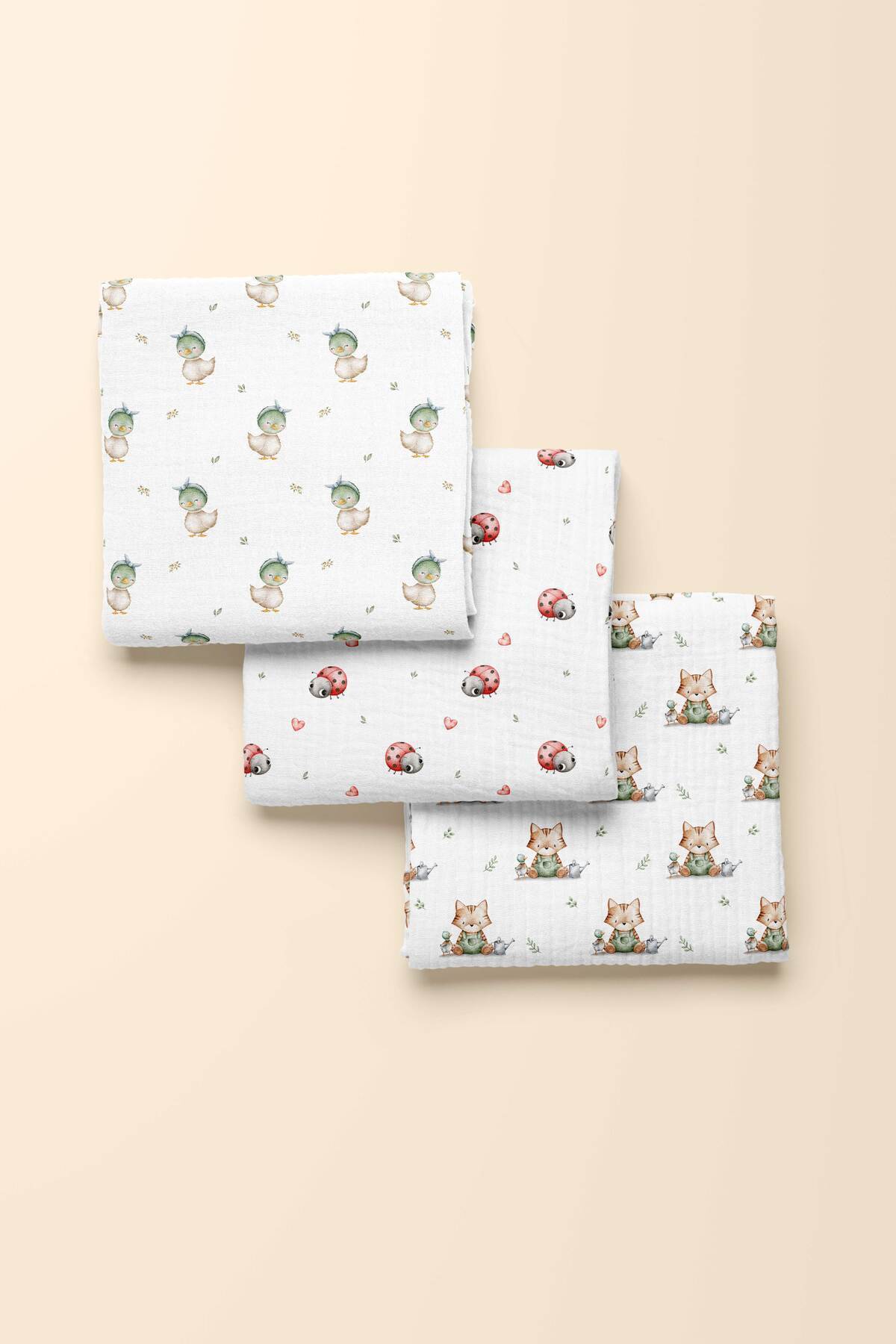 cekic kids 3'lü Set - 2 Katlı Desenli Müslin Bebek Battaniyesi - %100 Pamuk - 80x90 cm fotoğrafı 2 (önizleme)