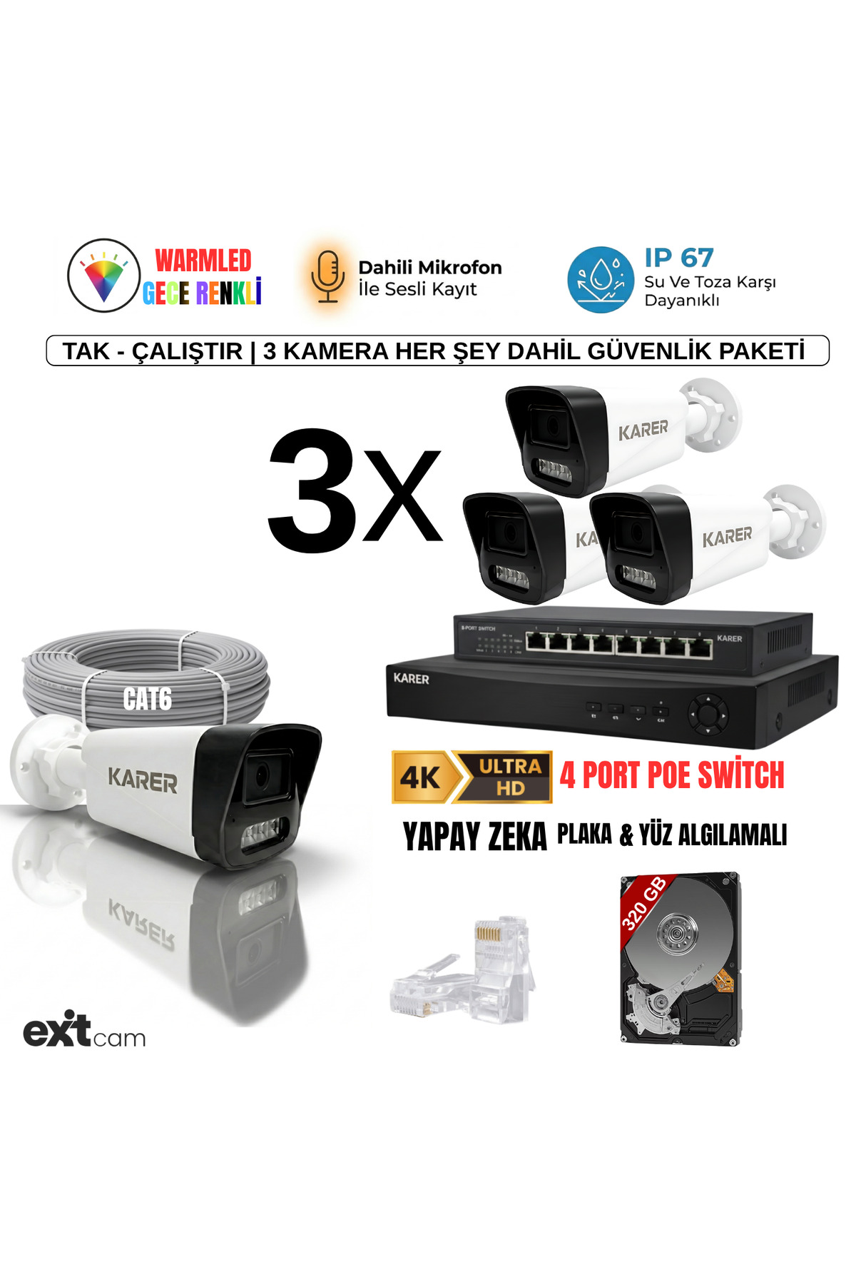 3 Kameralı 5MP IP PoE Güvenlik Kamera Seti – 10 Kanal NVR, 320GB HDD, Renkli Gece Görüşü ve Yapay Ze