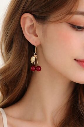 Aurevyn Design Kırmızı Kuvars Doğal Taş Altın Kaplama Kiraz Küpe