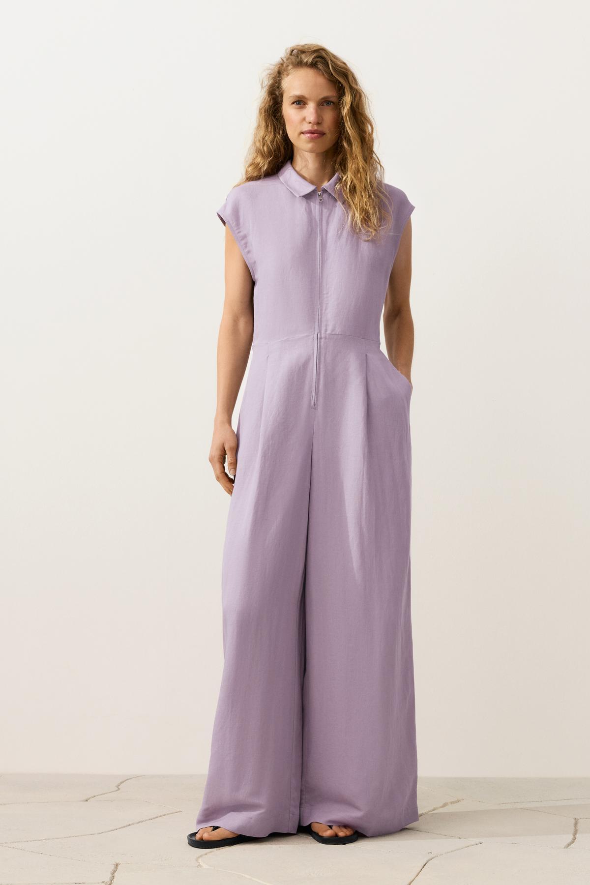 Cotton Wrap Collar Long Jumpsuit