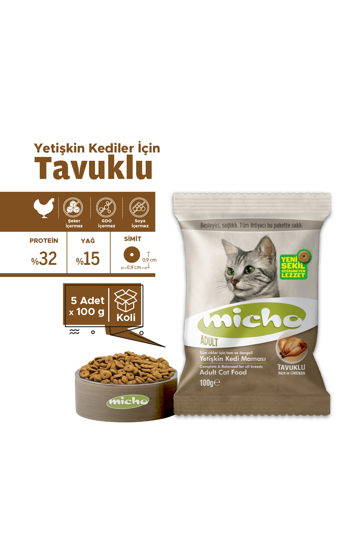 Micho Adult Cat Tavuklu Yetişkin Kedi Maması 100 gr X 5 Adet, Tüm Irklar İçin, Doğal, Şeker İçermez