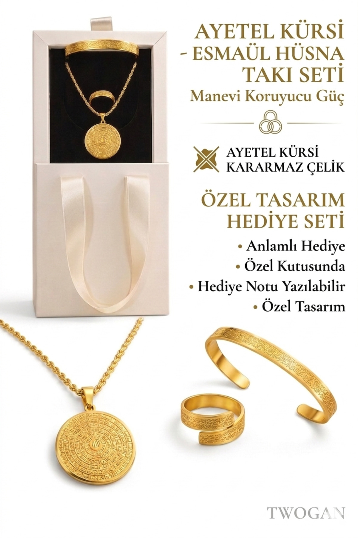 Mother's Day Gift Verse Ball Bracelet Ring and Esmaül Hüsna Necklace Set with Gift Box