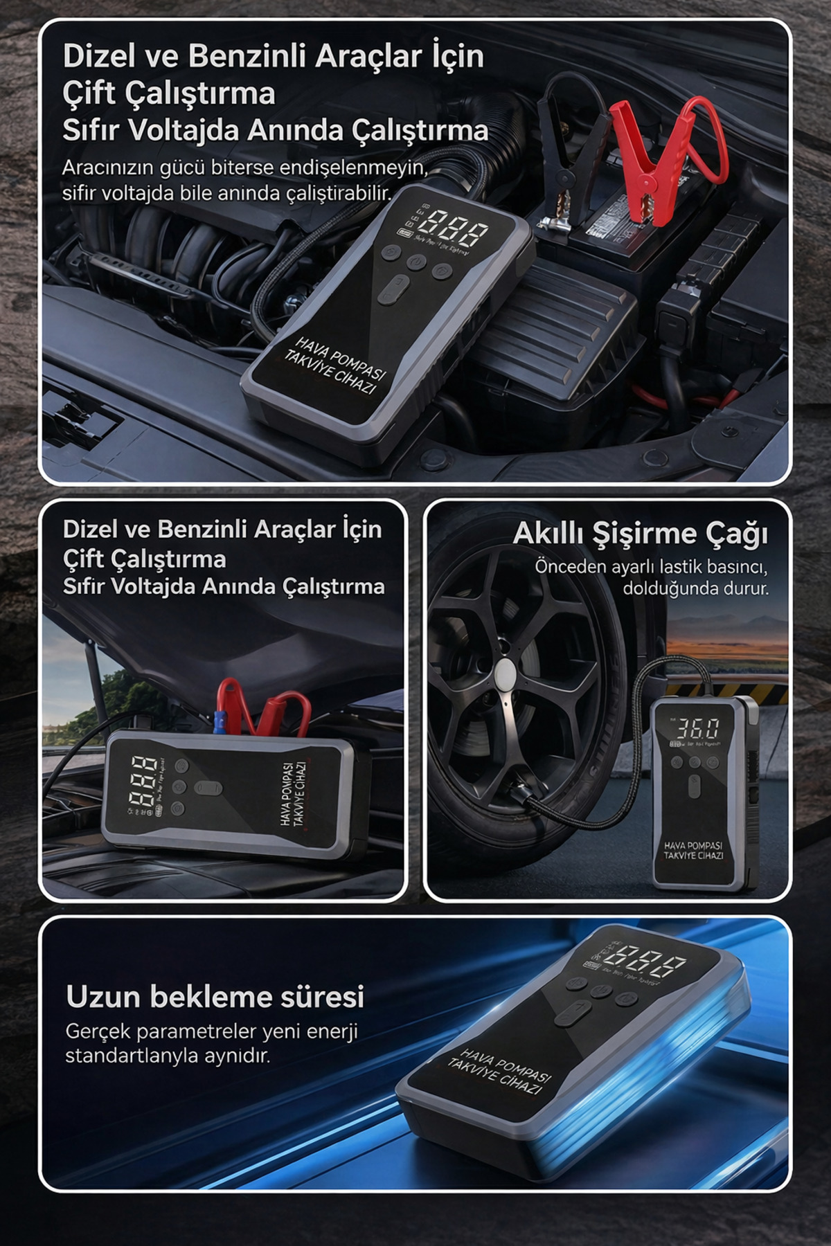 1200A Taşınabilir Araç Akü Takviye ve Şarj Cihazı + Powerbank + Kompresör Lastik Şişirme - 12V Çıkış
