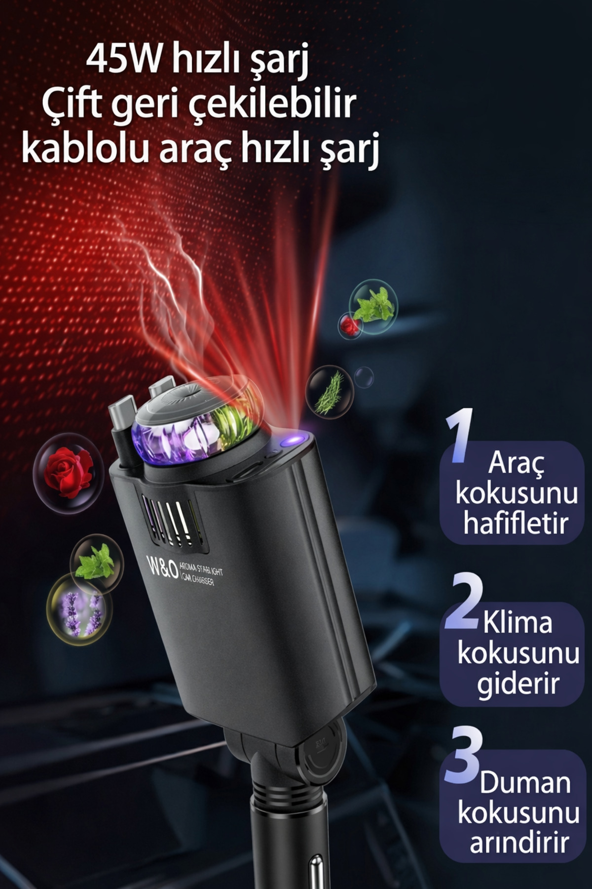 45W Hızlı Şarj Araç Şarj Cihazı - Nemlendirici ve Yıldızlı Gece Lambası Projeksiyonlu 5'i 1 Arada