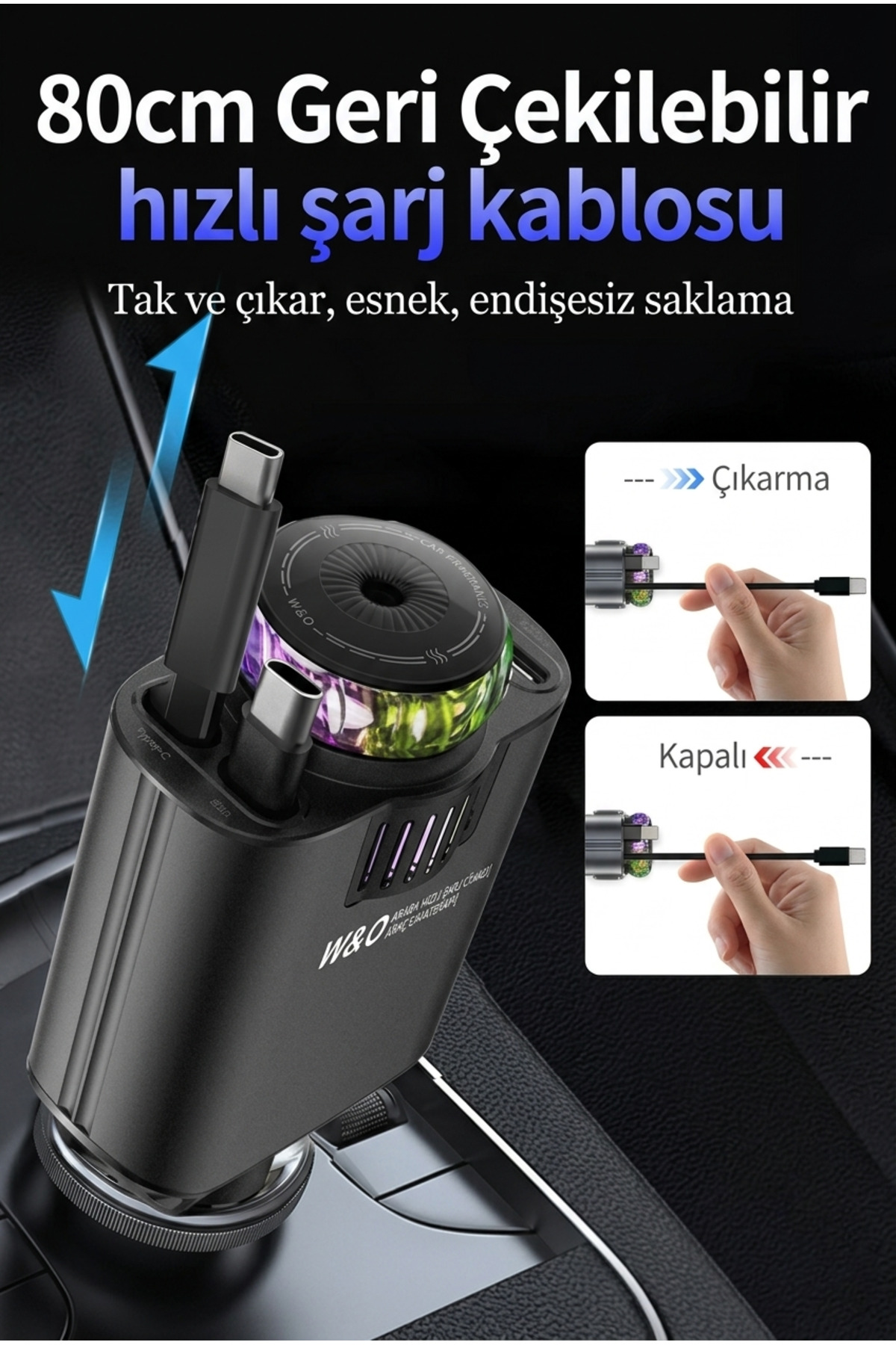 45W Hızlı Şarj Araç Şarj Cihazı - Nemlendirici ve Yıldızlı Gece Lambası Projeksiyonlu 5'i 1 Arada