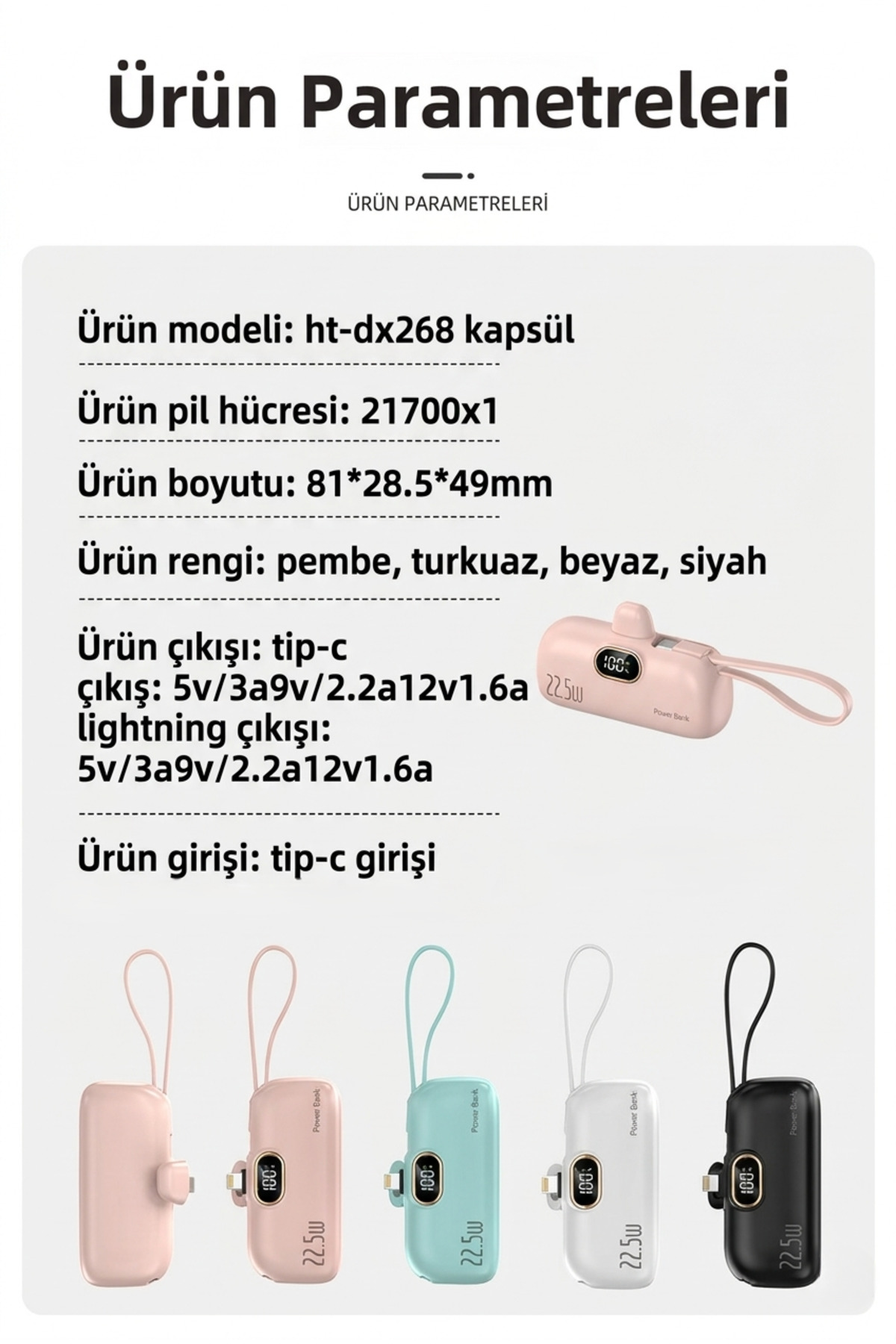 1500mAh Mini Powerbank - Taşınabilir Acil Durum Şarj Cihazı iPhone Lightning ve Type-C Uyumlu