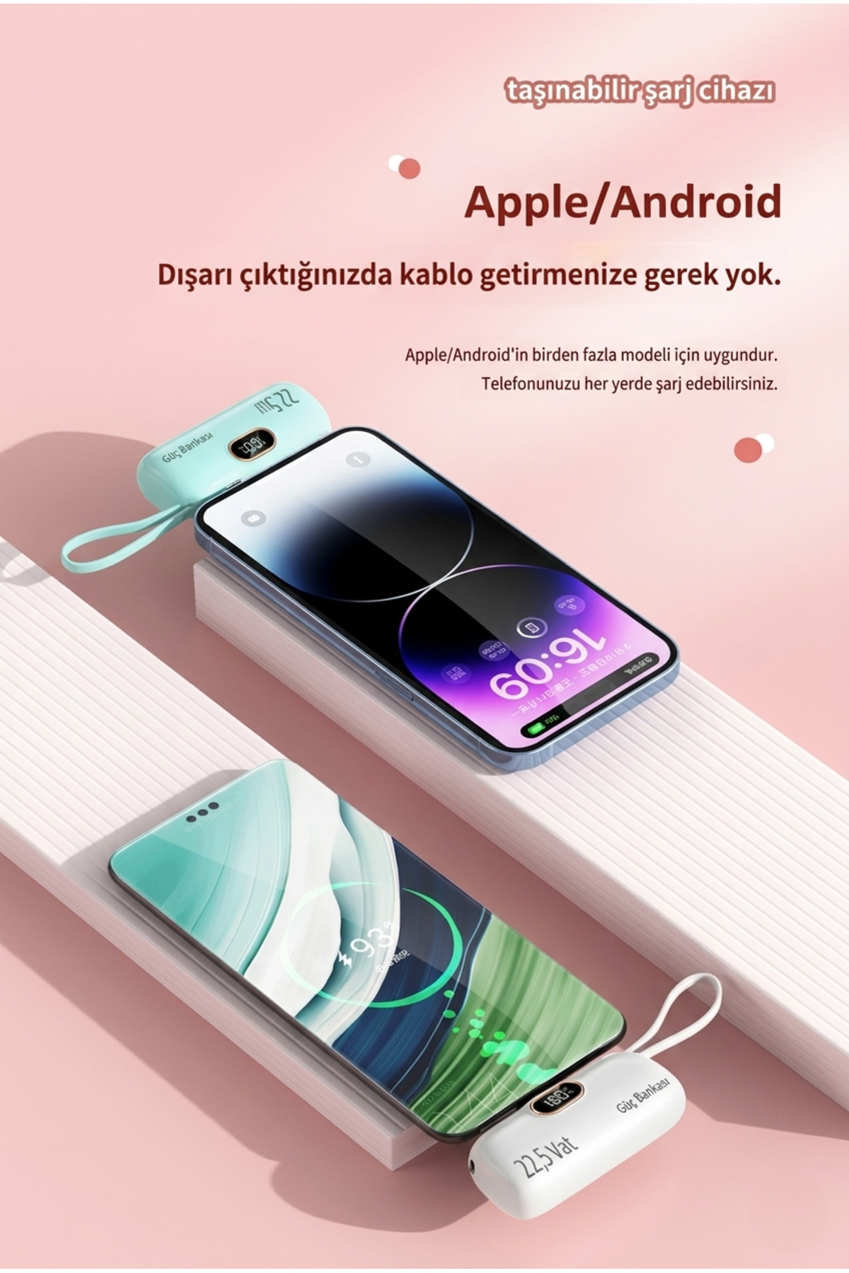 1500mAh Mini Powerbank - Taşınabilir Acil Durum Şarj Cihazı iPhone Lightning ve Type-C Uyumlu