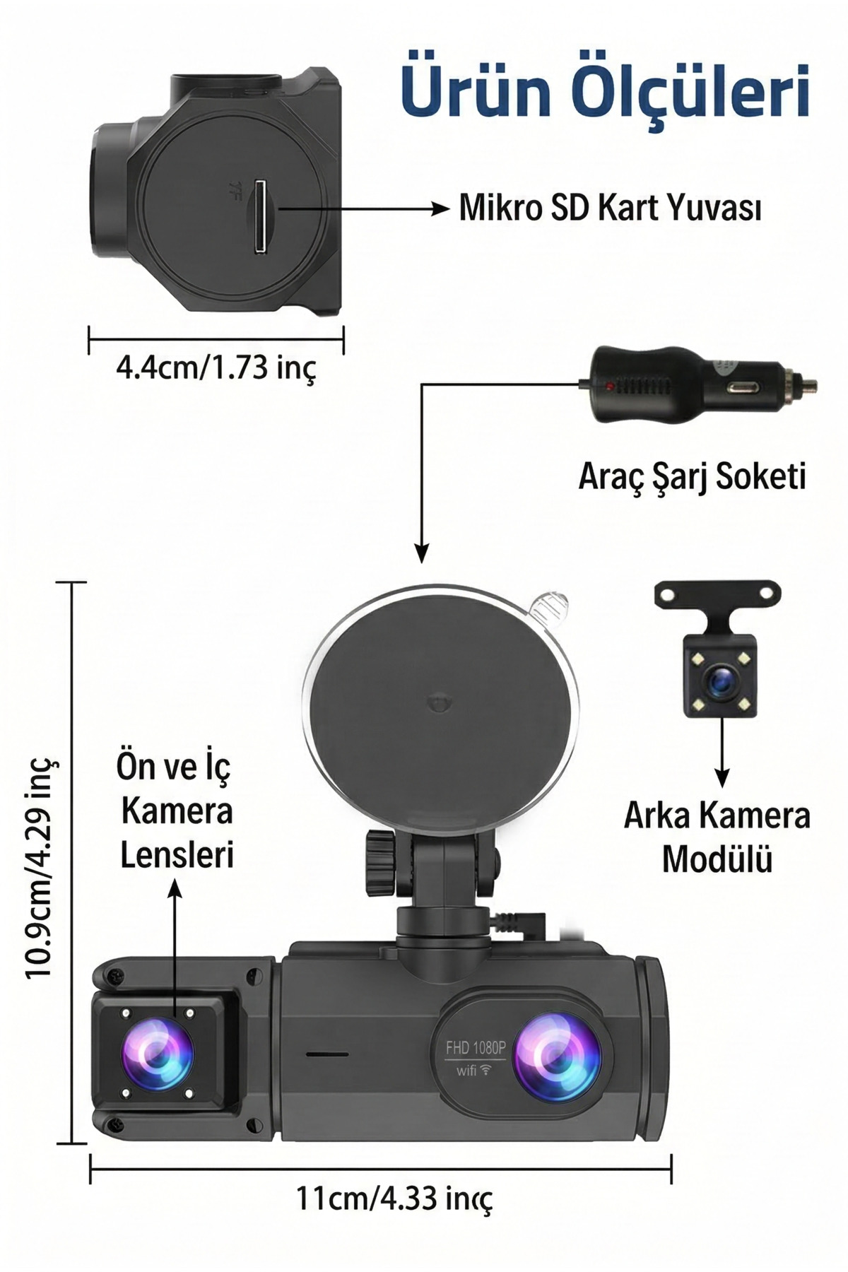 3 Lensli Full HD Wi-Fi Araç İçi Kamera - Ön, İç ve Arka Kamera Kayıtlı Gece Görüşlü Kamera