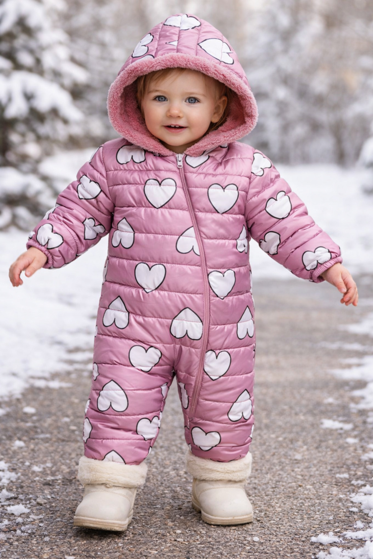 Heart Shaped Furry Hooded Damson Baby Girl Astronaut Cosmonaut Jumpsuit