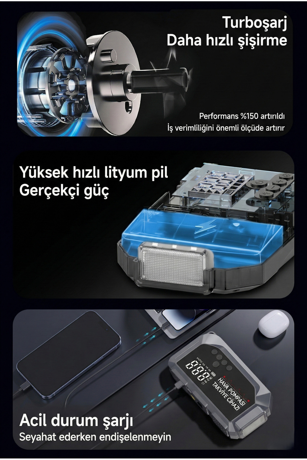 1200 Amper 12V Taşınabilir Akü Takviye Cihazı ve Kompresör - USB Girişli, Fenerli ve Pusulalı